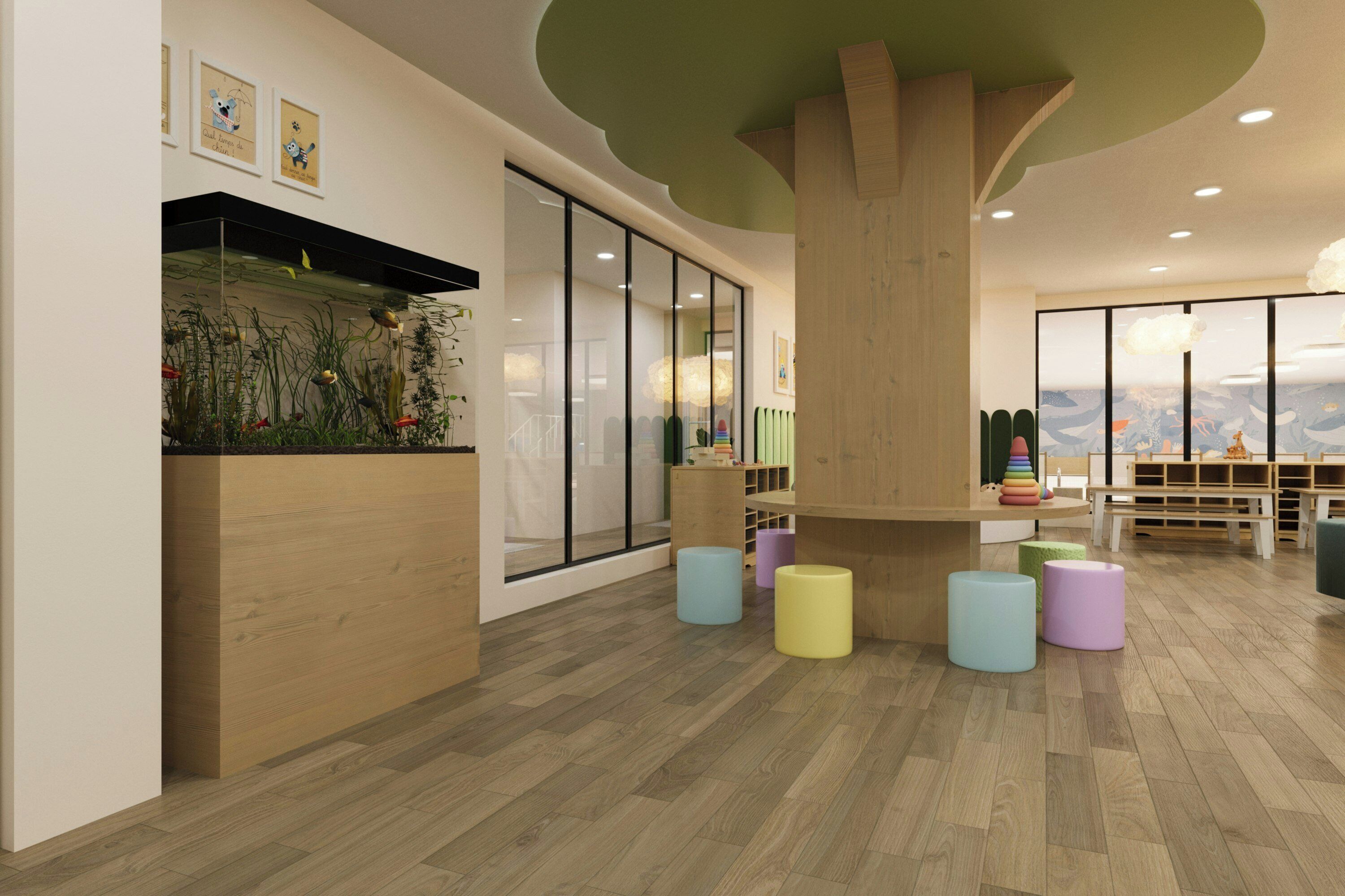A modern interior with a wooden reception desk, a fish tank, and colorful stools.
