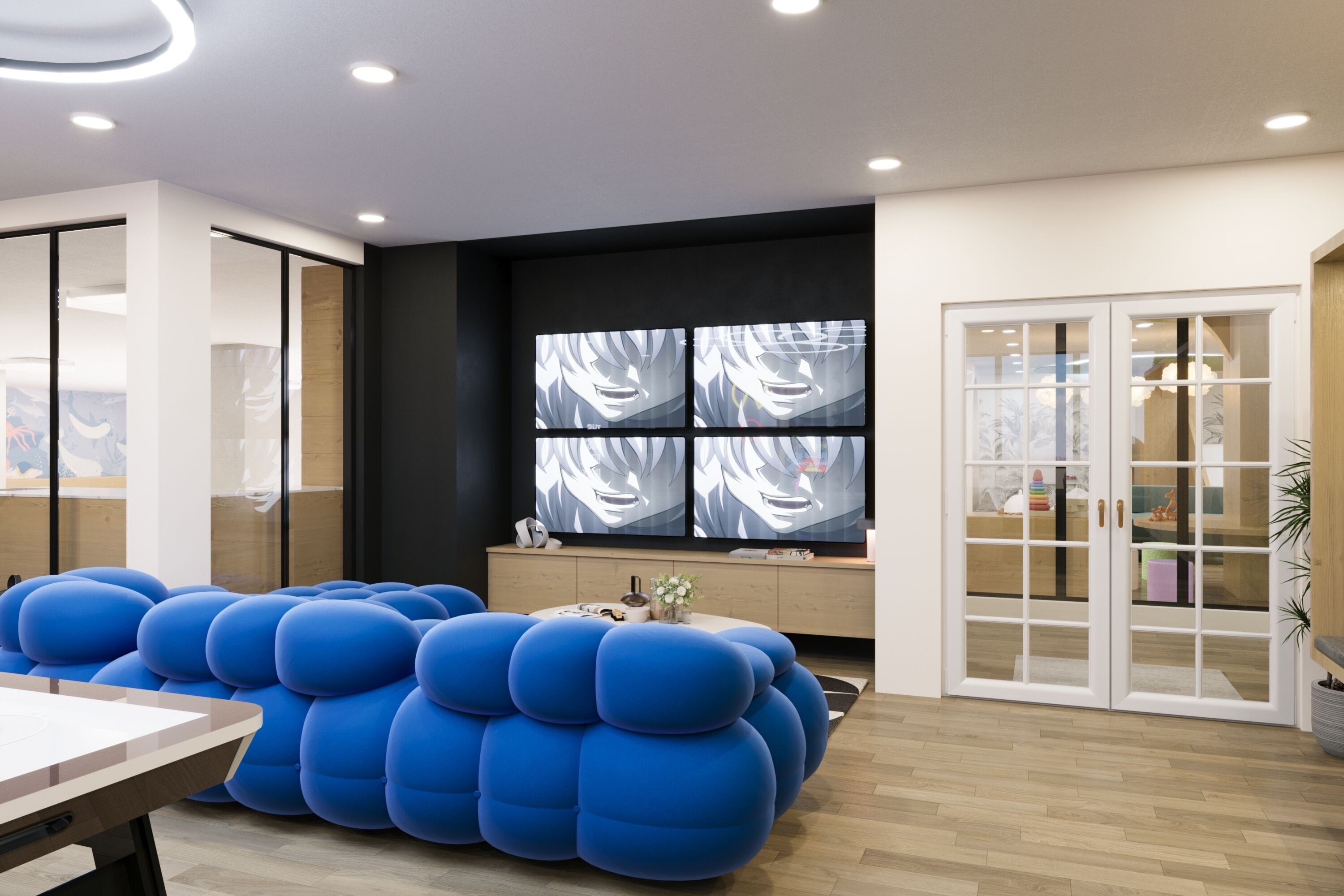 Una habitación moderna con una amplia zona de estar azul, un mueble de madera y un ventanal con cortinas.