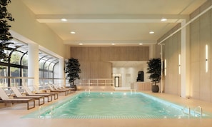 Una piscina interior con sillones de descanso, ventanas amplias y plantas en macetas.