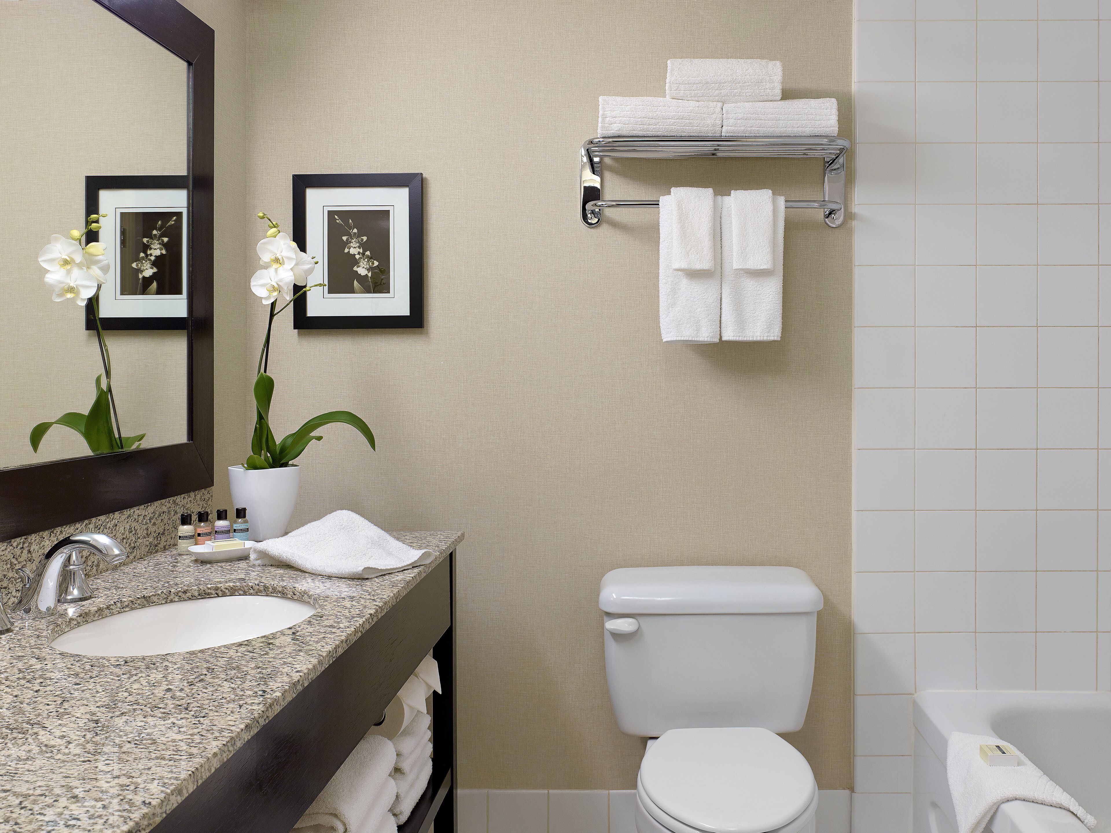 A bathroom with a granite sink, a white toilet, a towel rack, and a framed picture of orchids.