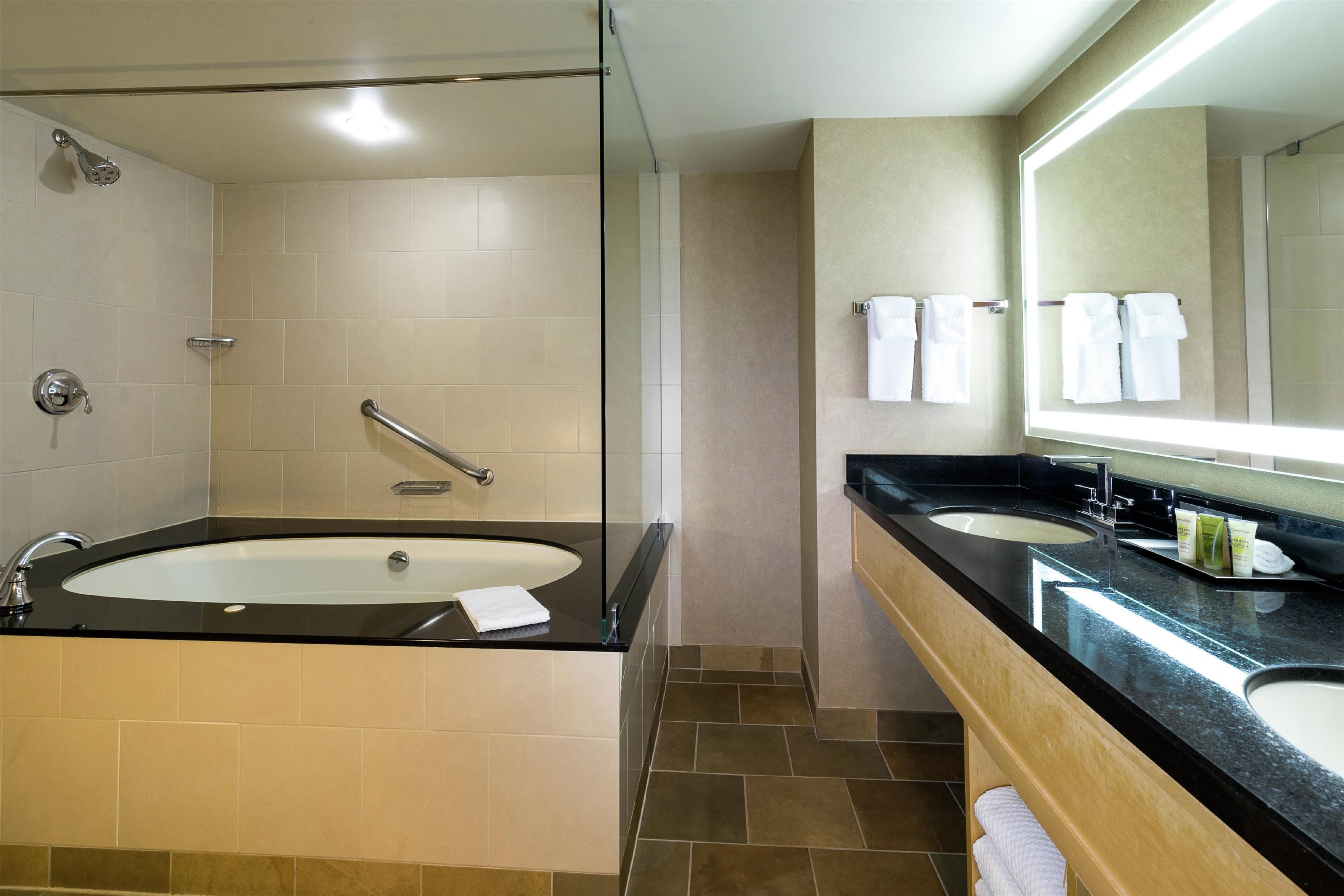 A modern bathroom with a glass-enclosed shower, two sinks, and a large mirror.