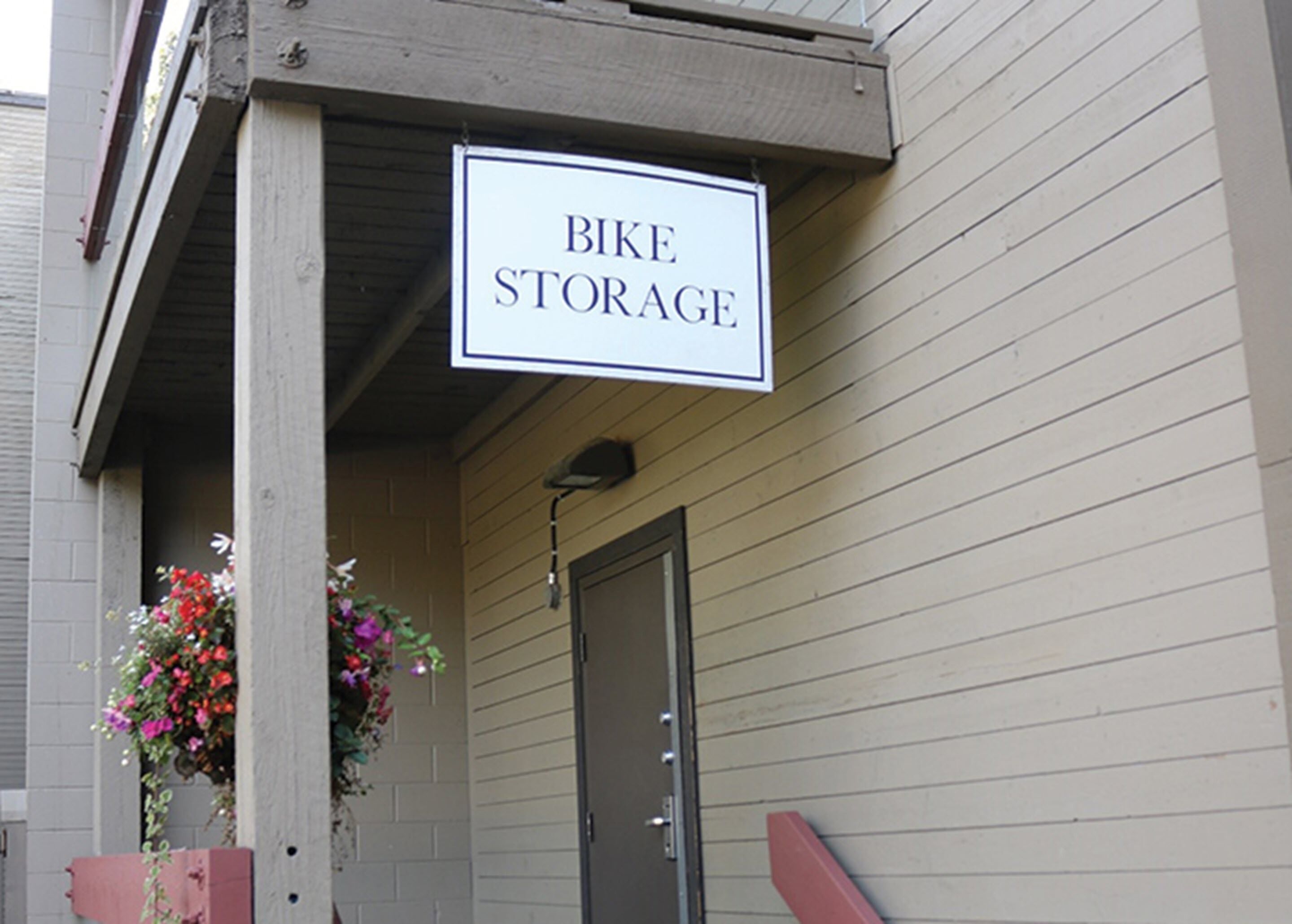 A building with a 'BIKE STORAGE' sign.