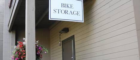 A building with a 'BIKE STORAGE' sign.
