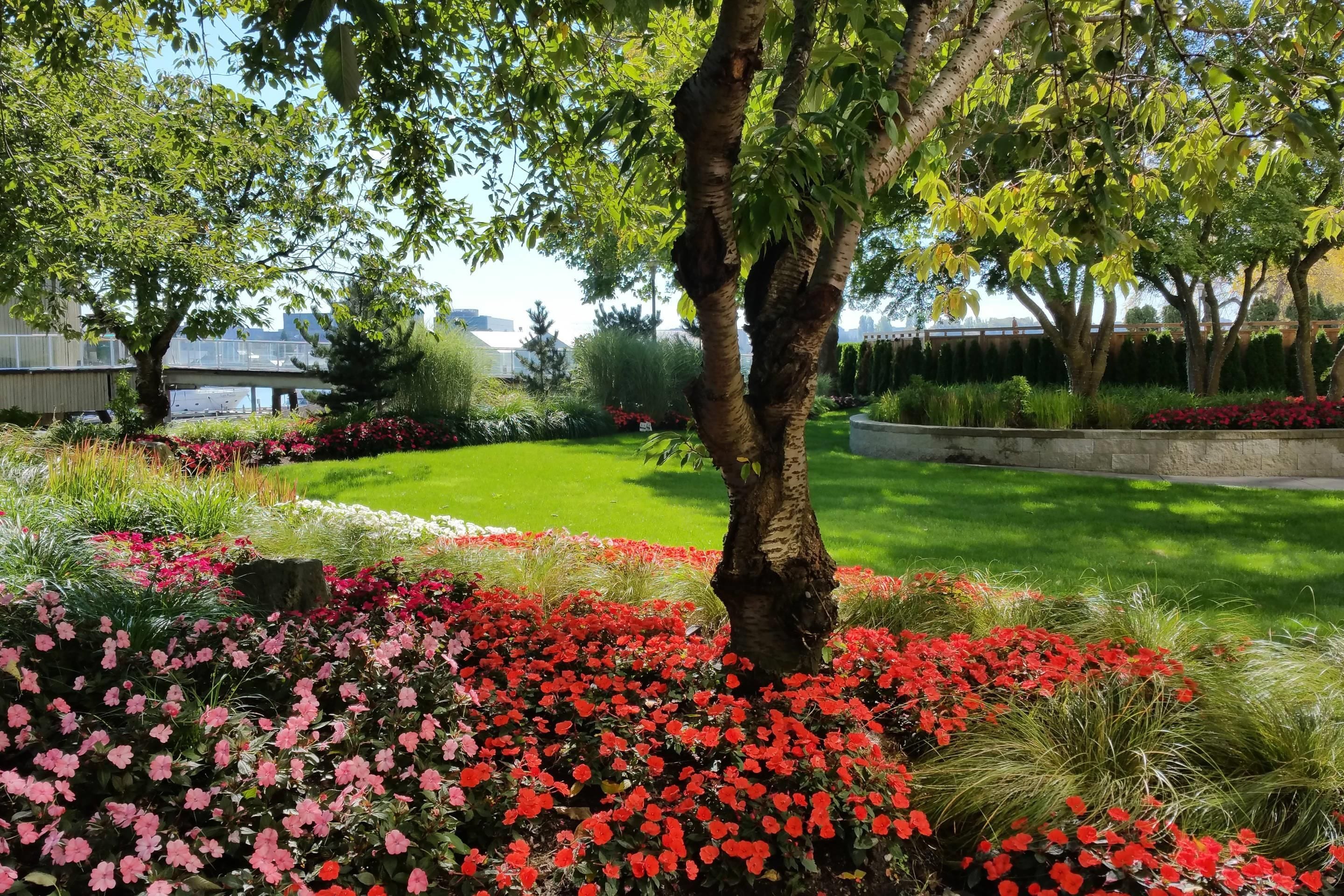 A well-maintained garden with a variety of flowering plants and a neatly trimmed lawn.