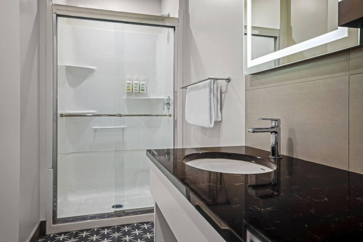 combined shower/bathtub, free toiletries, hair dryer, towels