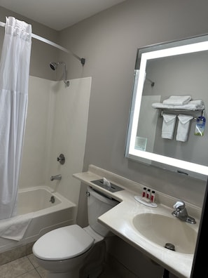 Combined shower/bathtub, free toiletries, hair dryer, towels