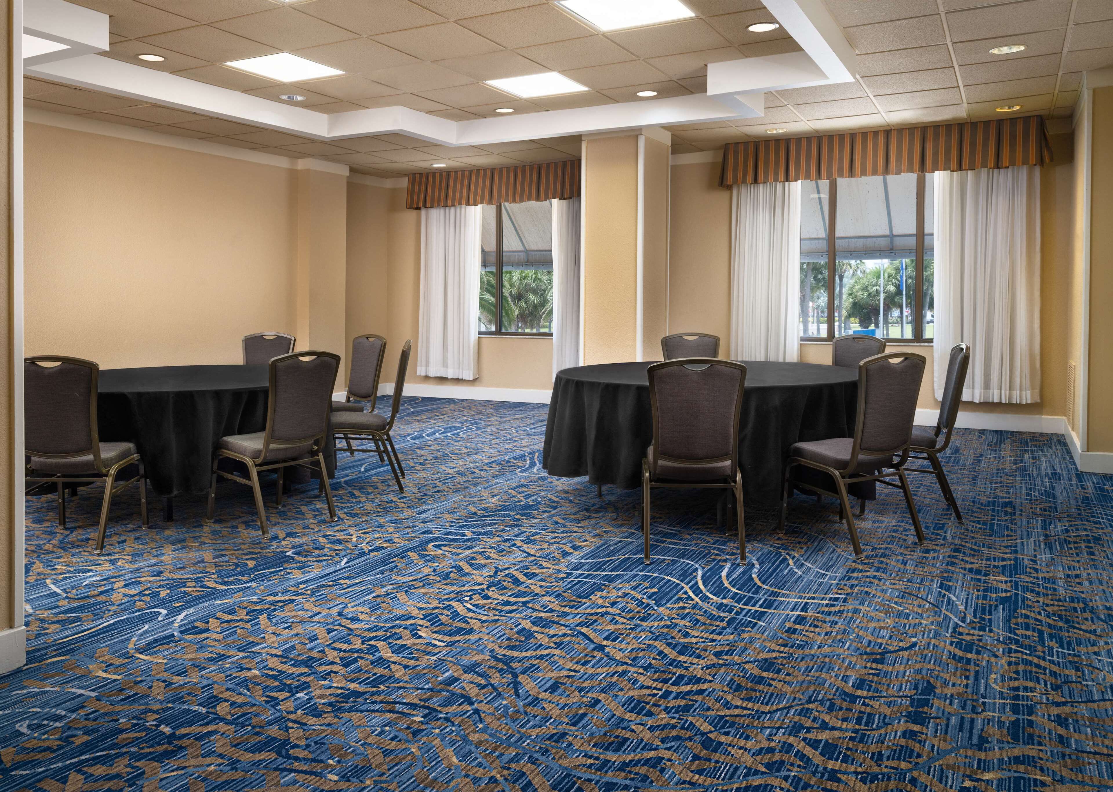 A conference room with a large table and chairs, carpeted floor, and large windows with curtains.