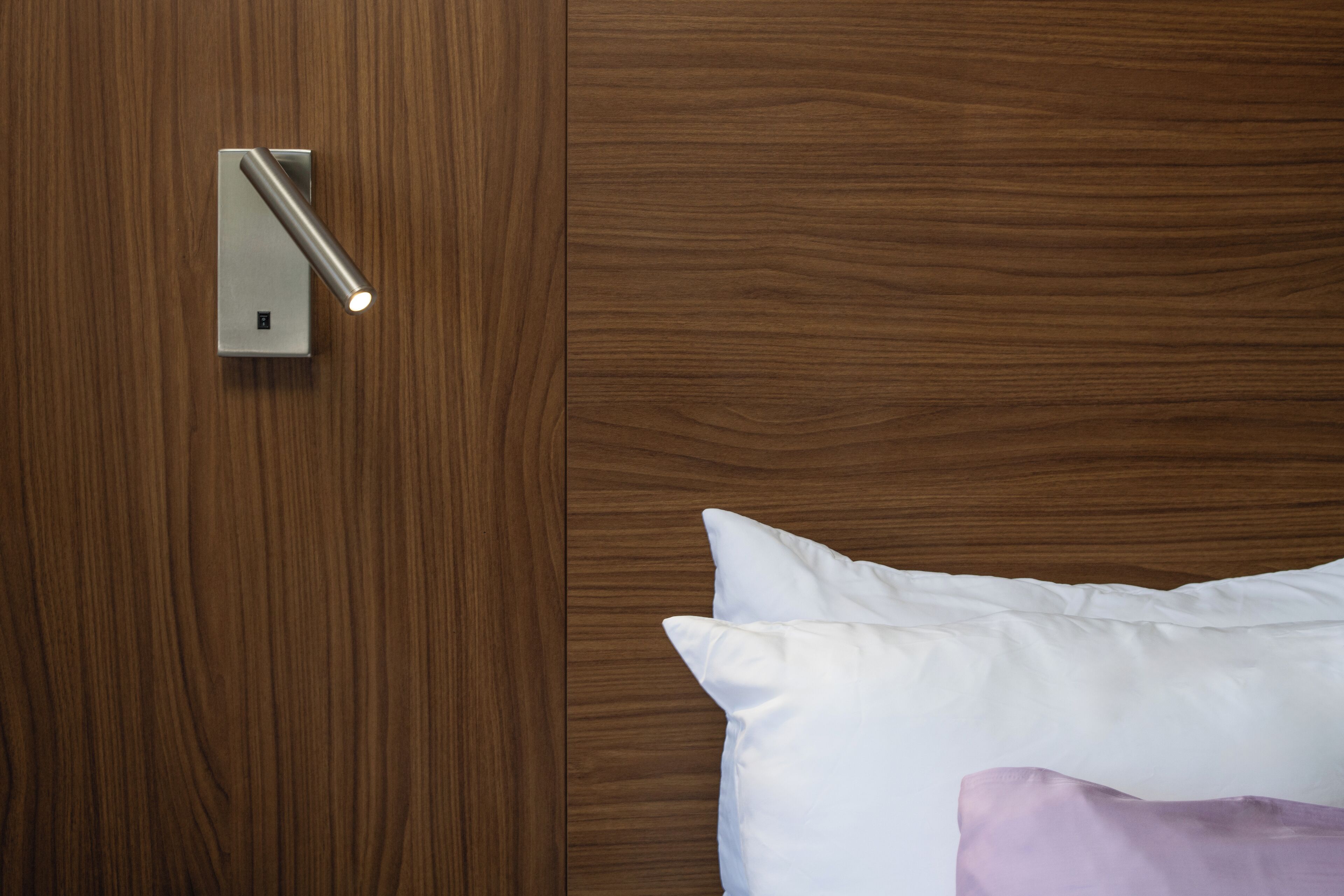 A wooden door with a modern handle and a light fixture.