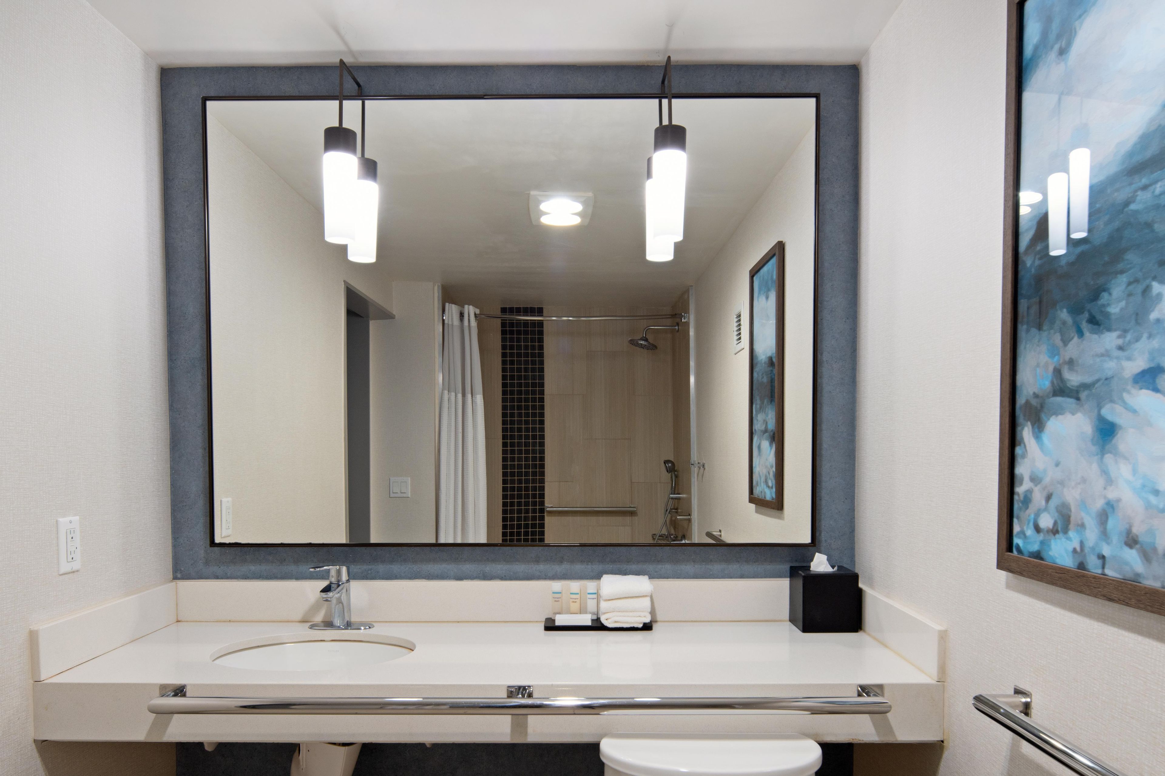 Un baño con un espejo grande, un lavamanos, un inodoro y una zona de ducha.