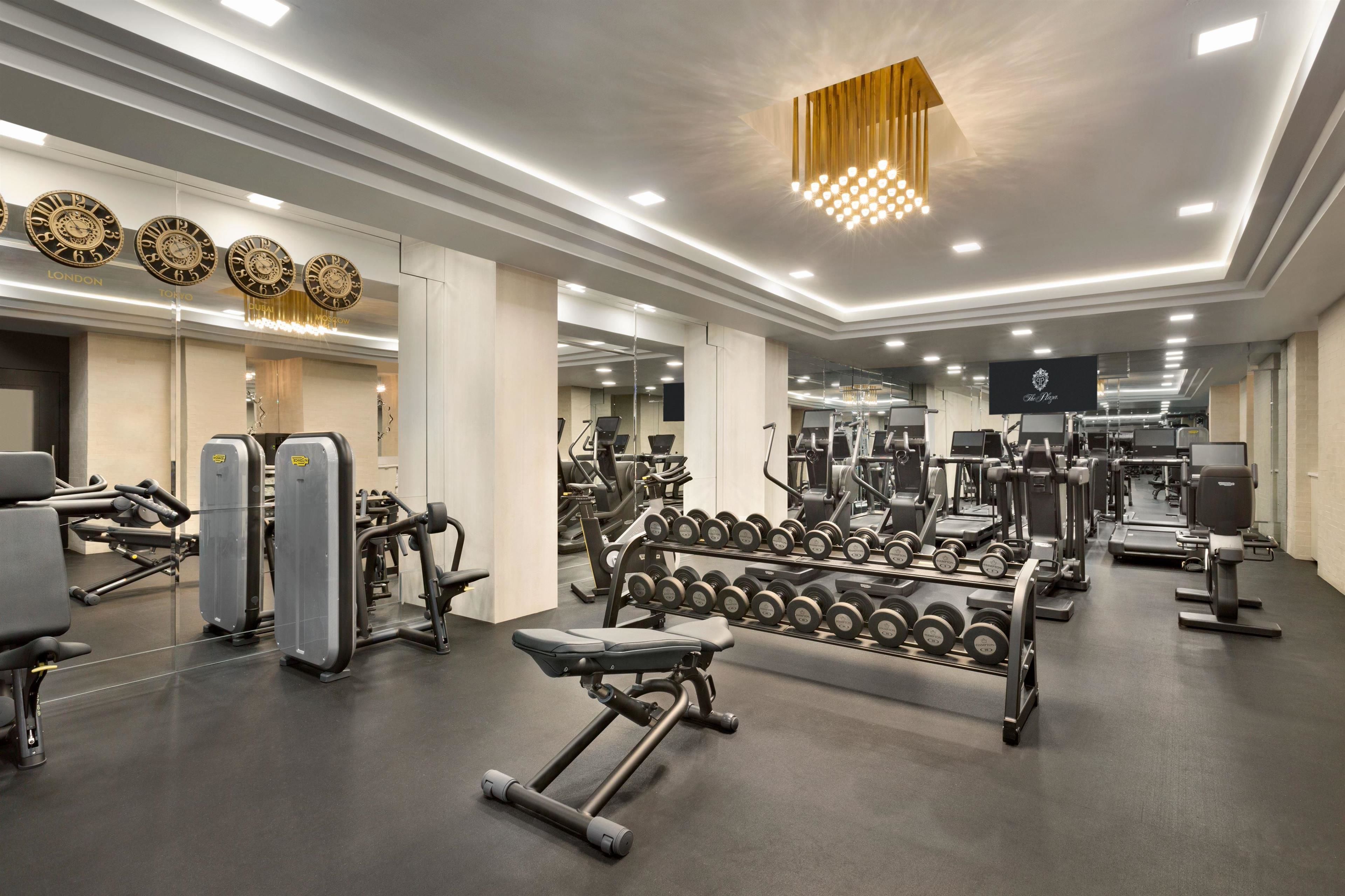 Une salle de sport moderne équipée de divers appareils d’exercice, notamment des haltères et des machines de musculation.
