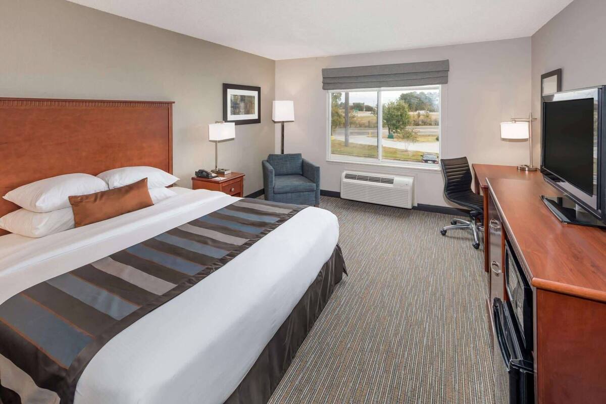 A hotel room with a large bed, a desk with a TV, a chair, a window with a view, and a heater.