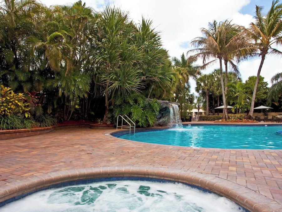 A swimming pool with a hot tub, surrounded by palm trees and a waterfall feature.