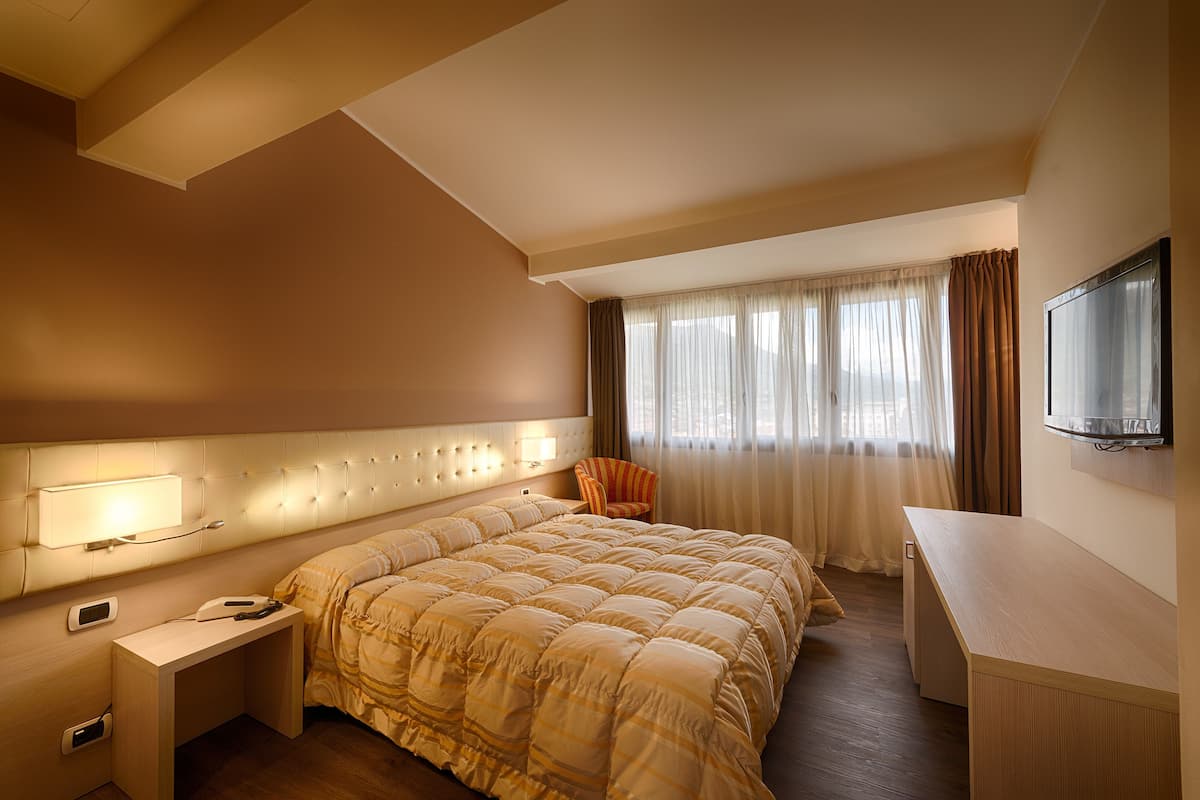 Camera d'albergo con un letto grande, una scrivania, una sedia, una TV e una finestra con tende.