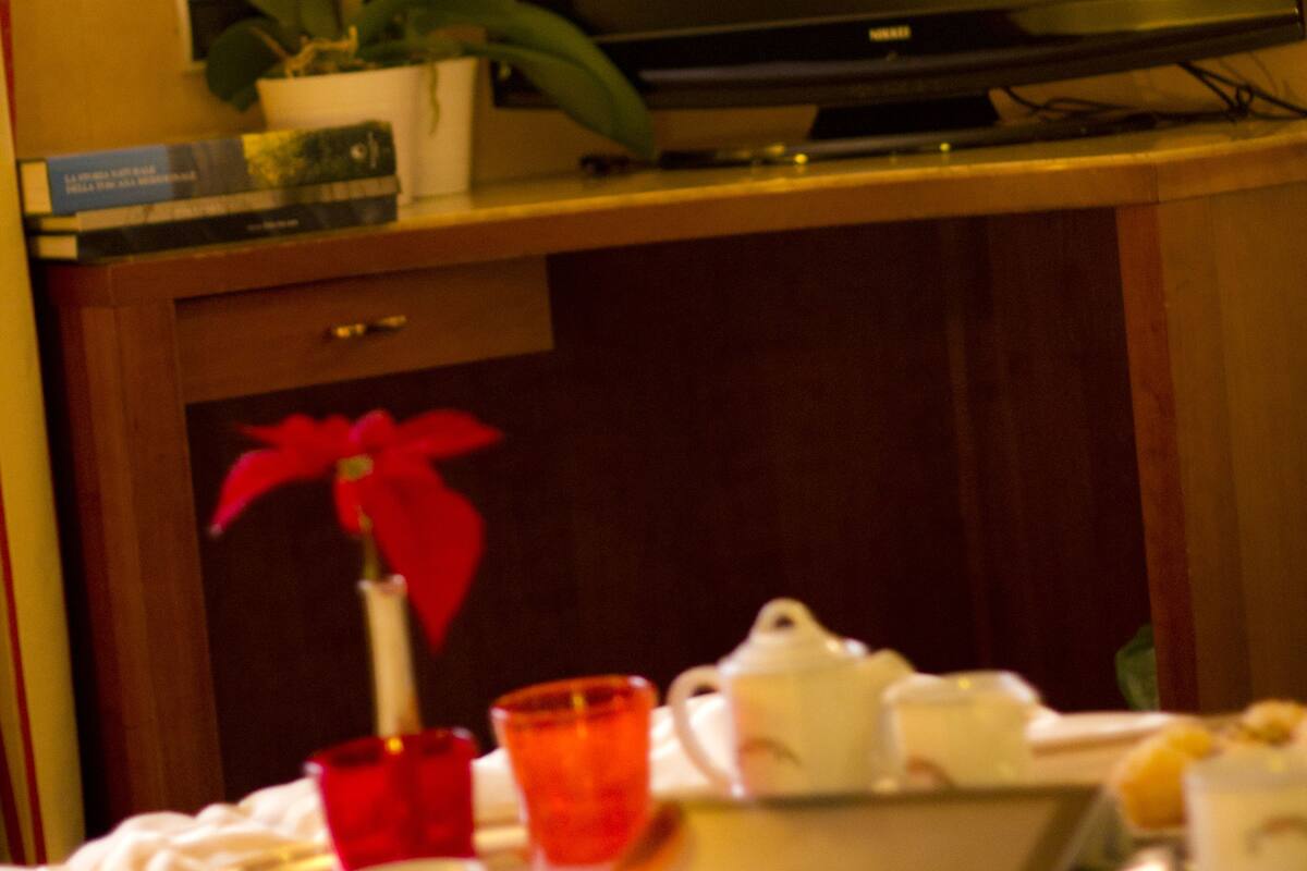 Un televisore su un supporto in legno, una pianta in vaso e un tavolo con una tazza rossa e un teiera bianca.
