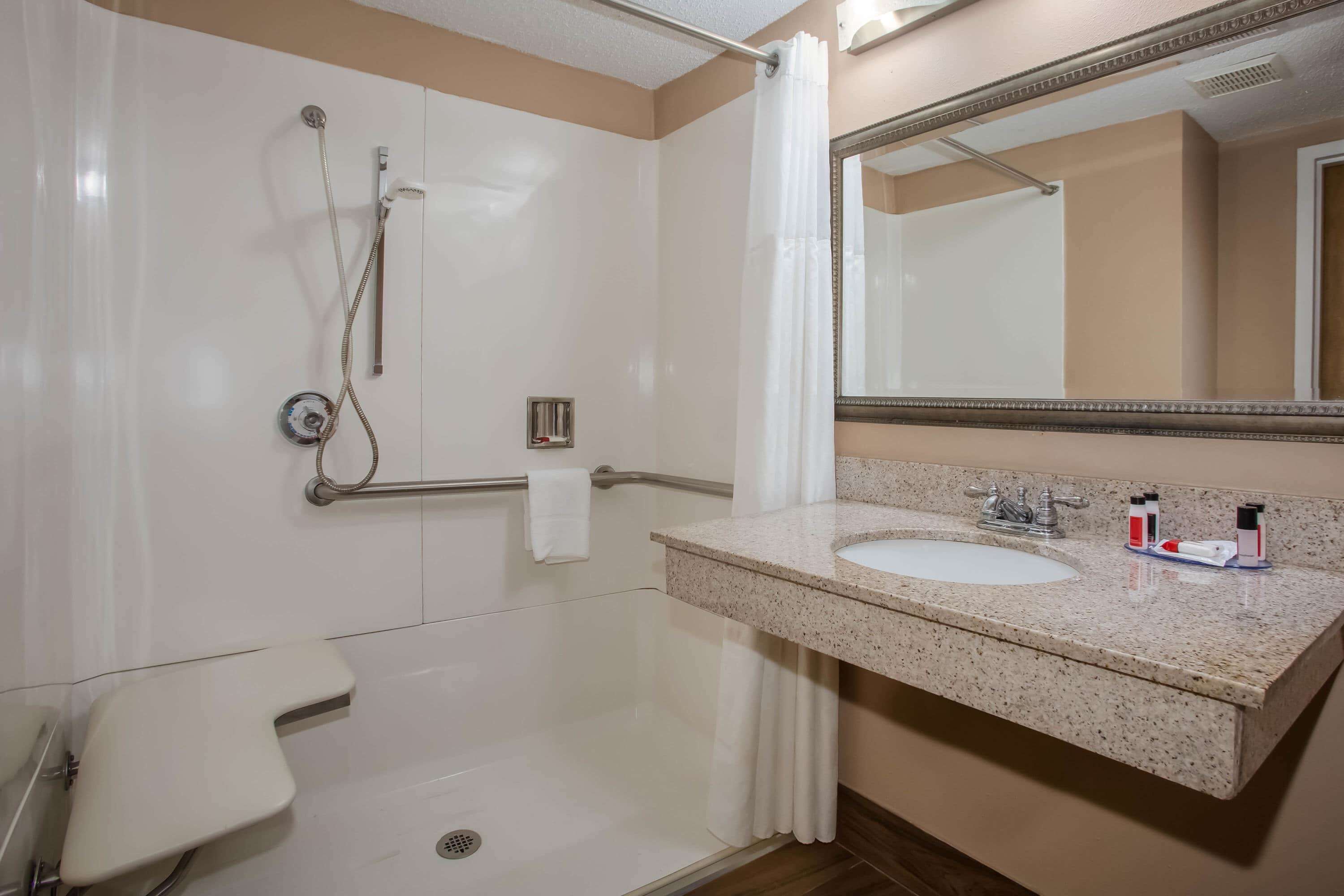 combined shower/bathtub, free toiletries, hair dryer, towels