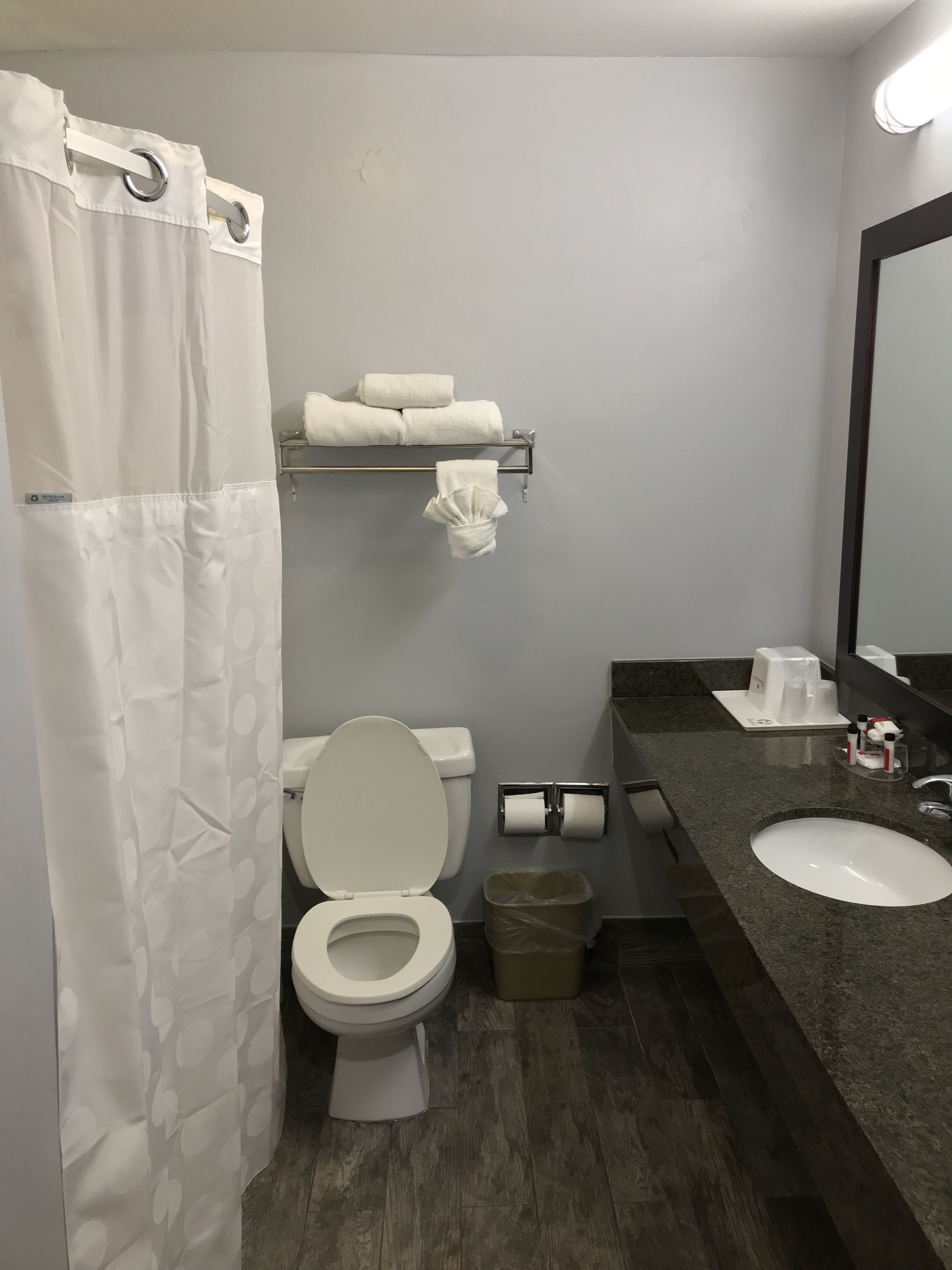 Un bagno con il water, lavandino, porta asciugamani e tenda per la doccia.