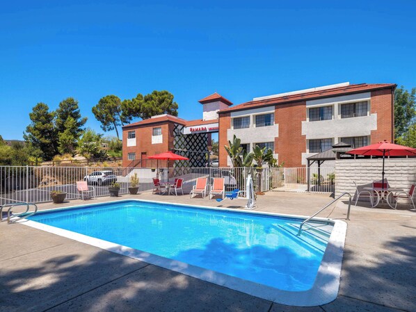 Outdoor pool, open 10:00 AM to 8:00 PM, pool umbrellas, pool loungers