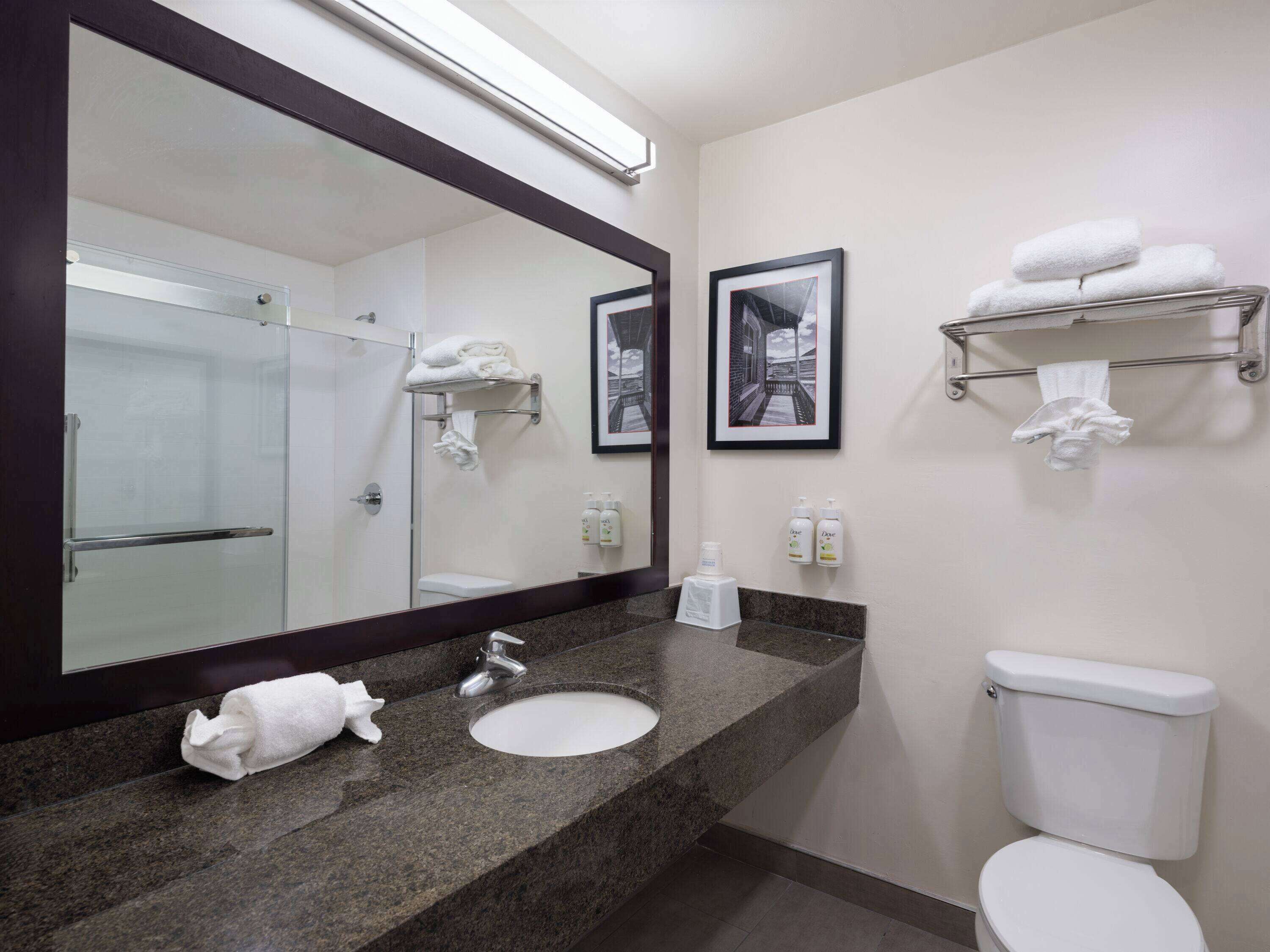 Une salle de bain moderne avec un comptoir en granit, un lavabo blanc, un grand miroir, des toilettes et un porte-serviettes avec des serviettes pliées.