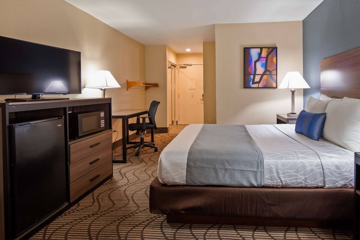 A hotel room with a bed, desk, chair, TV, and a microwave.