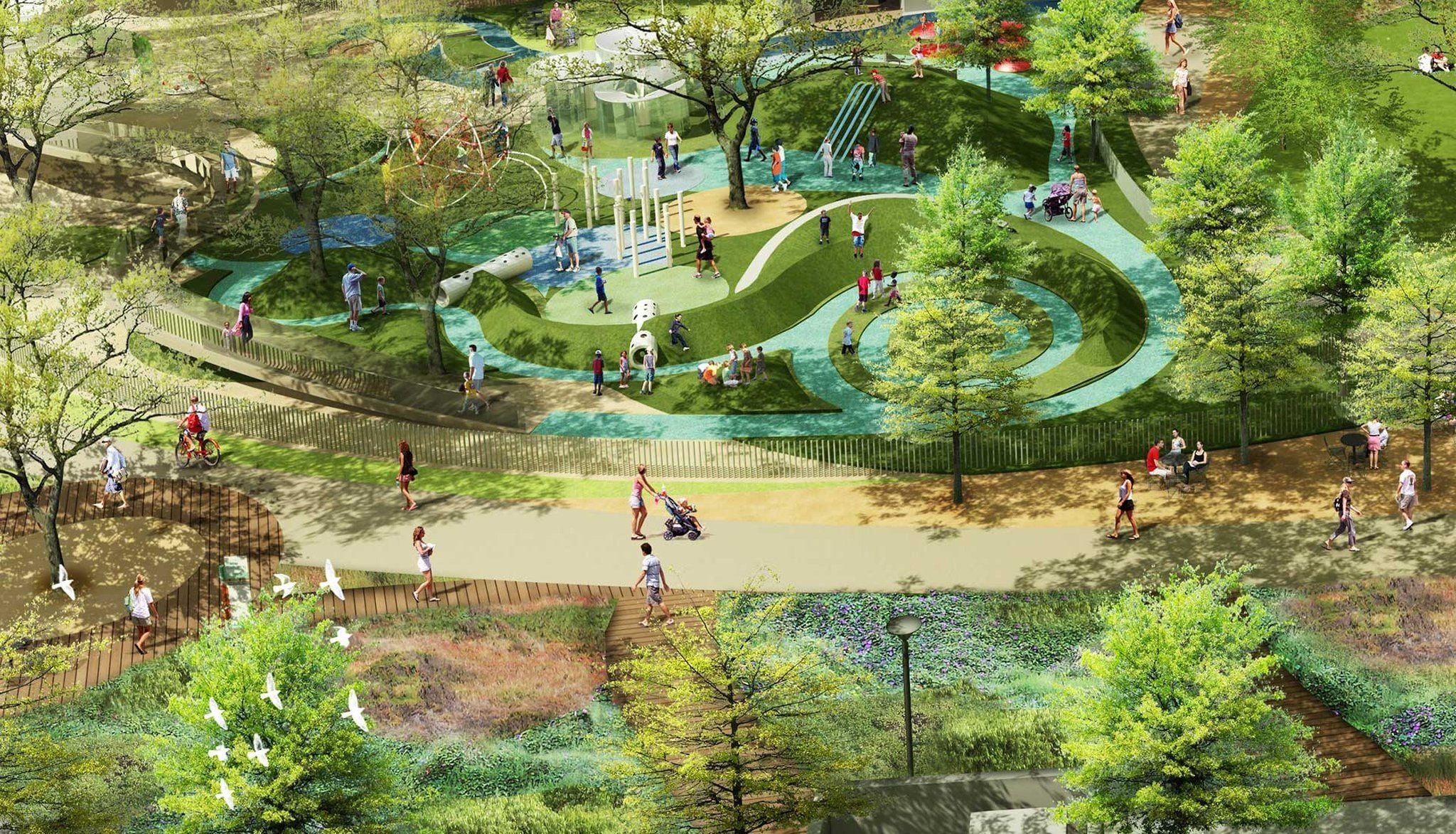 A park with winding paths, playgrounds, and seating areas.