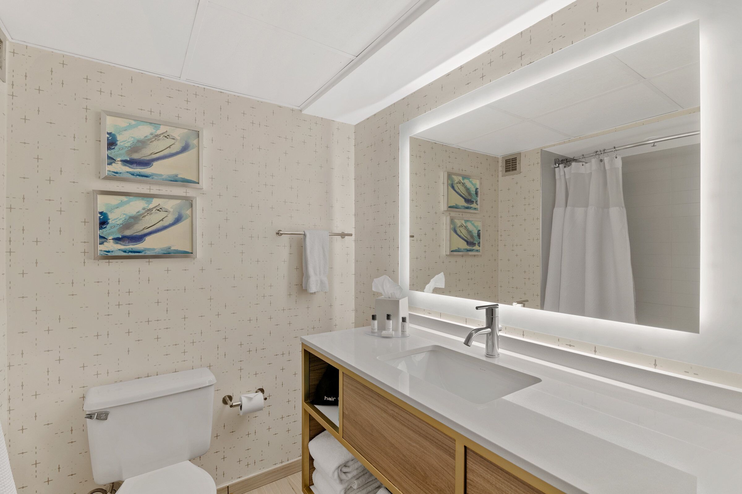 Une salle de bain moderne avec un lavabo blanc, un grand miroir et deux œuvres d’art encadrées accrochées au mur.
