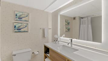Une salle de bain moderne avec un lavabo blanc, un grand miroir et deux œuvres d’art encadrées accrochées au mur.