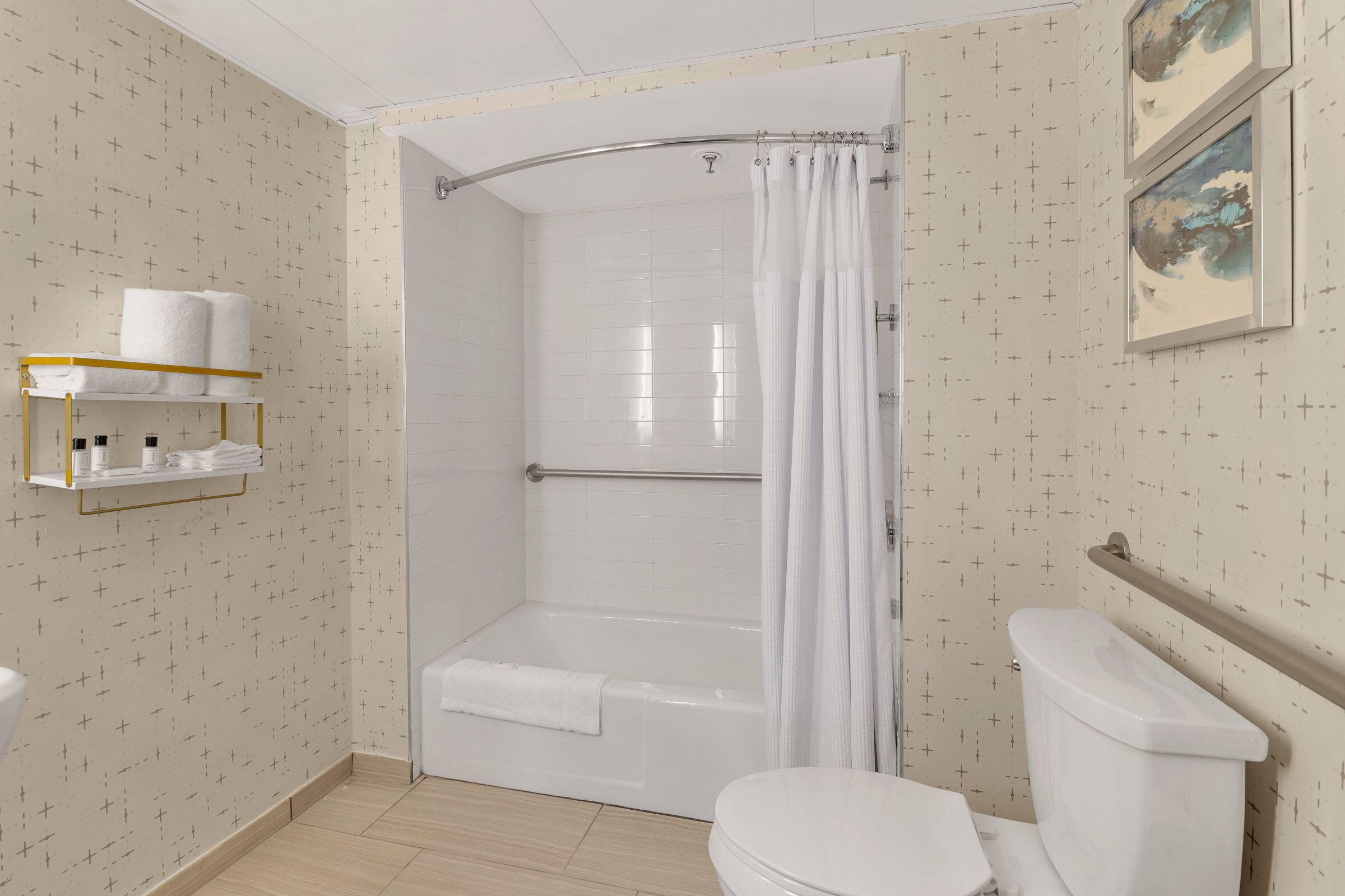 Un baño con ducha, inodoro y un estante con artículos de aseo.