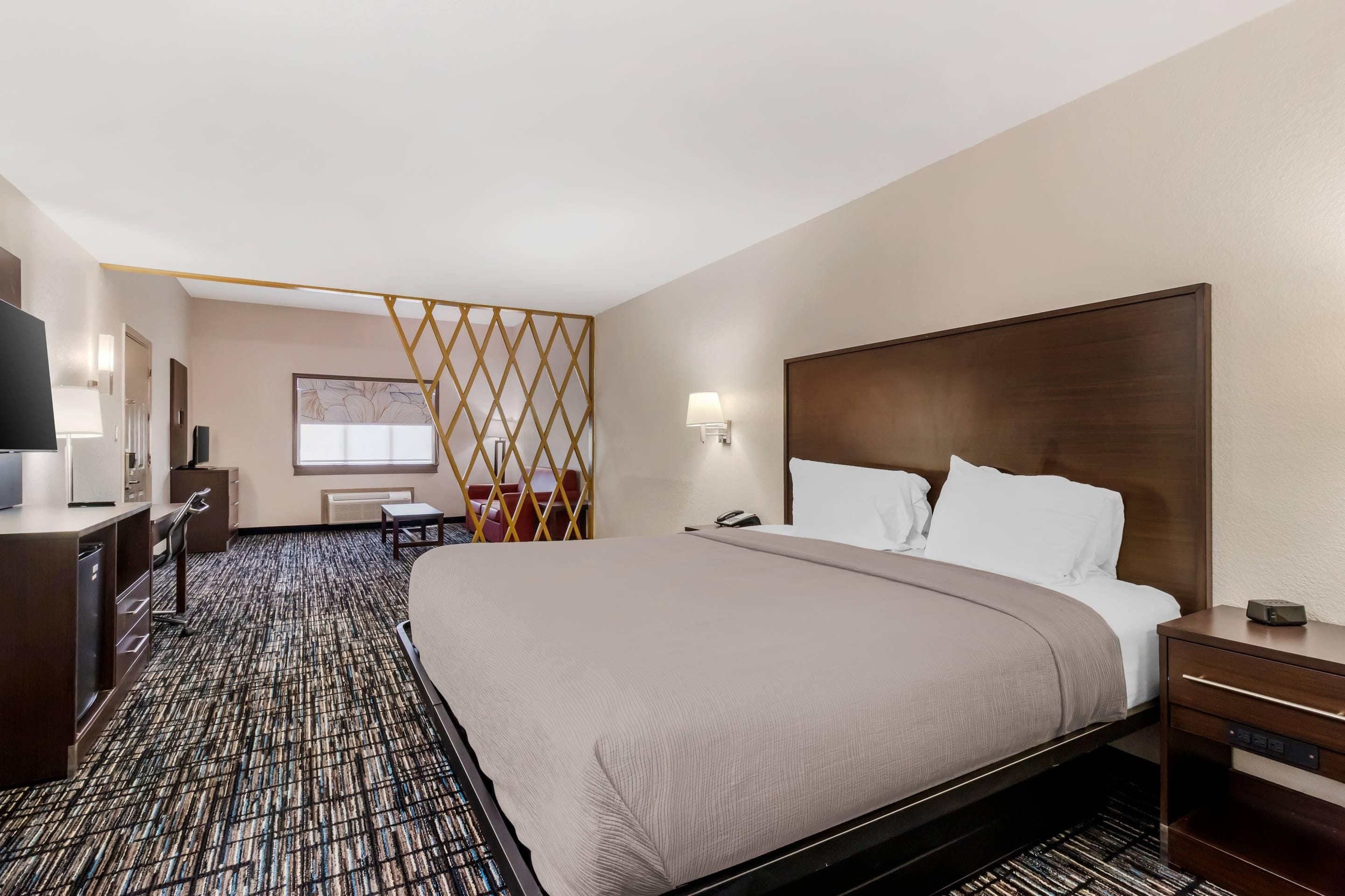 Una habitación de hotel con una cama grande, un escritorio, una silla, un televisor y una ventana.
