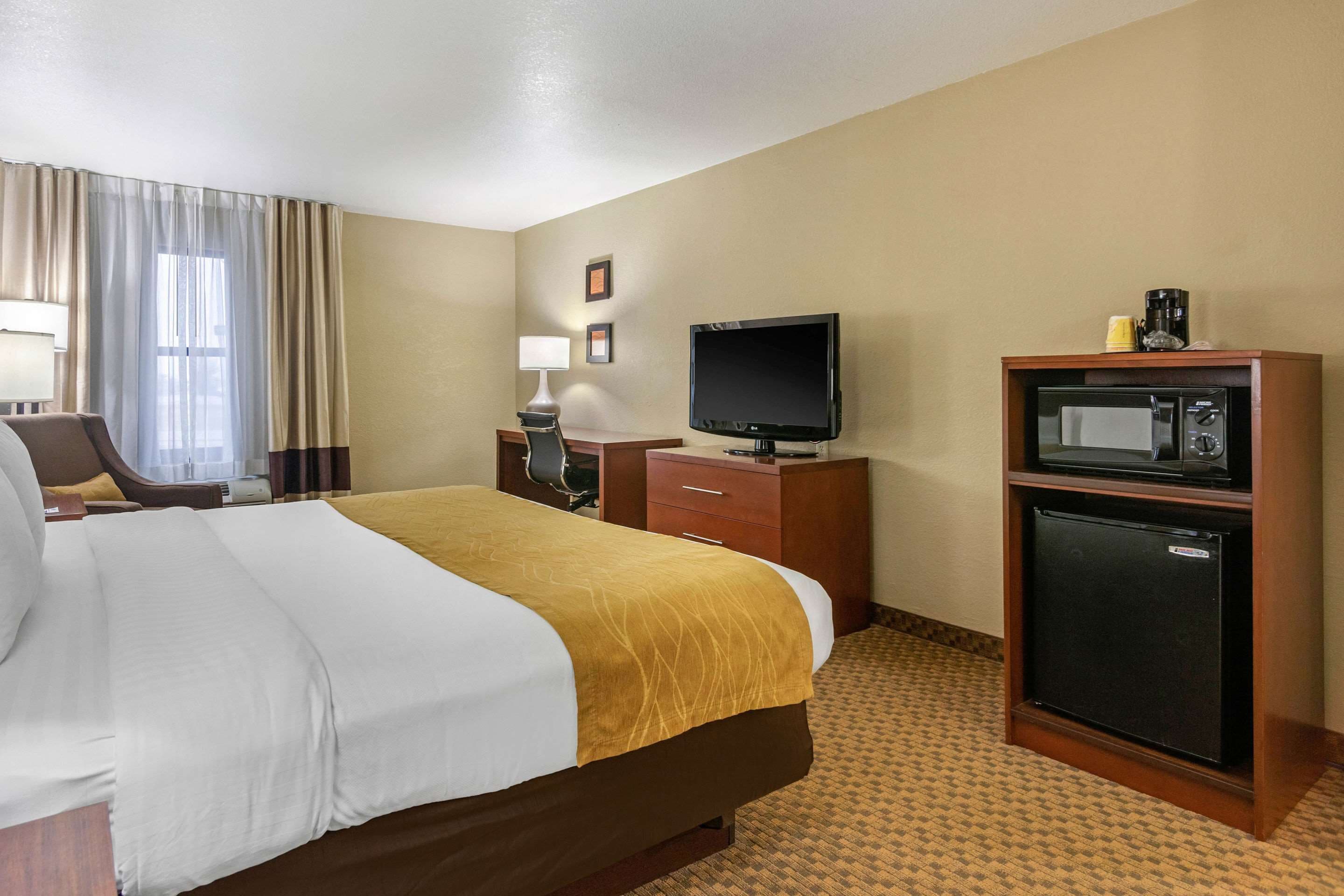 A hotel room with a bed, a desk, a television, a microwave, and a refrigerator.