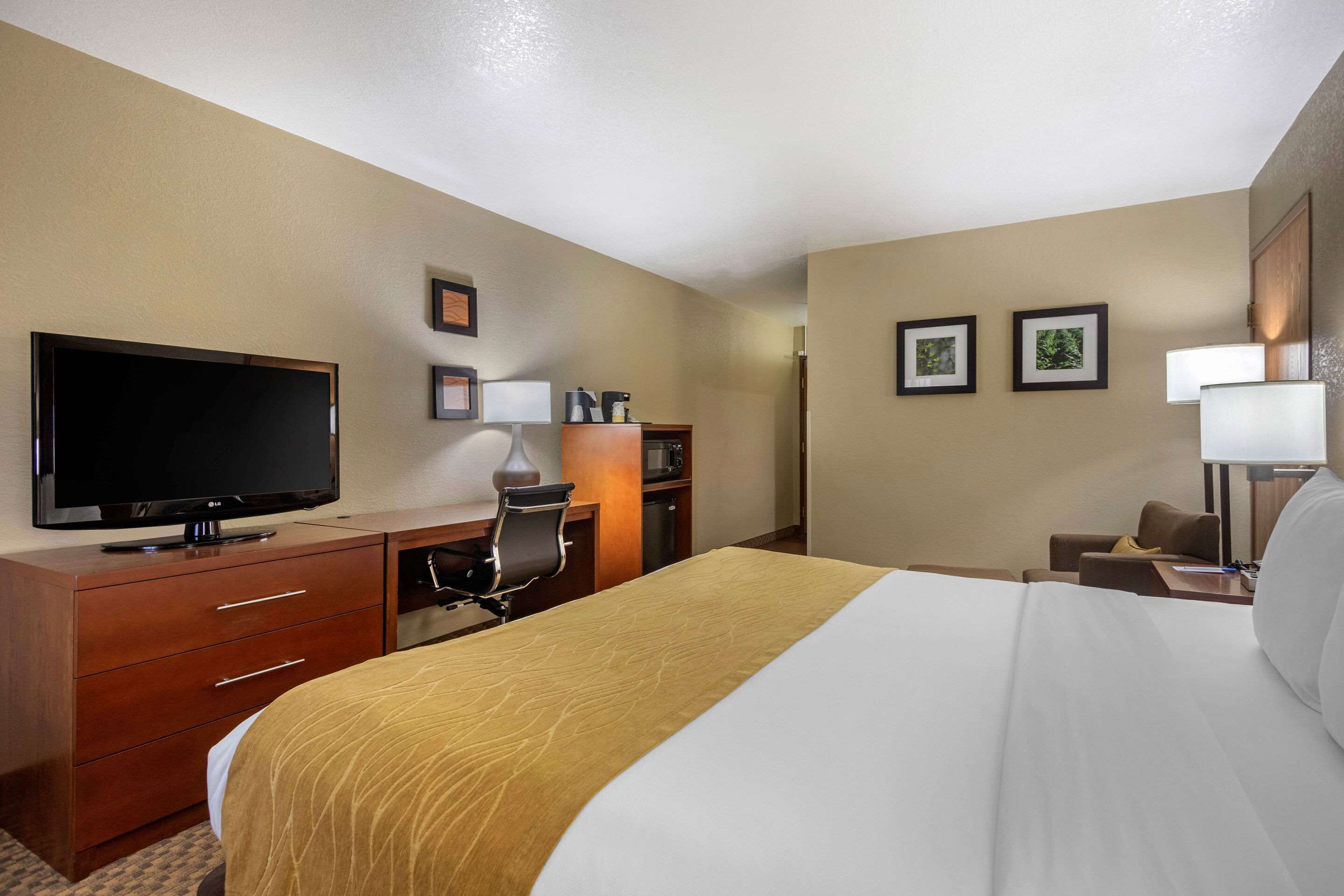 Une chambre d’hôtel comprenant un lit, un bureau avec une télévision, une chaise, une lampe de bureau et des tableaux encadrés accrochés au mur.