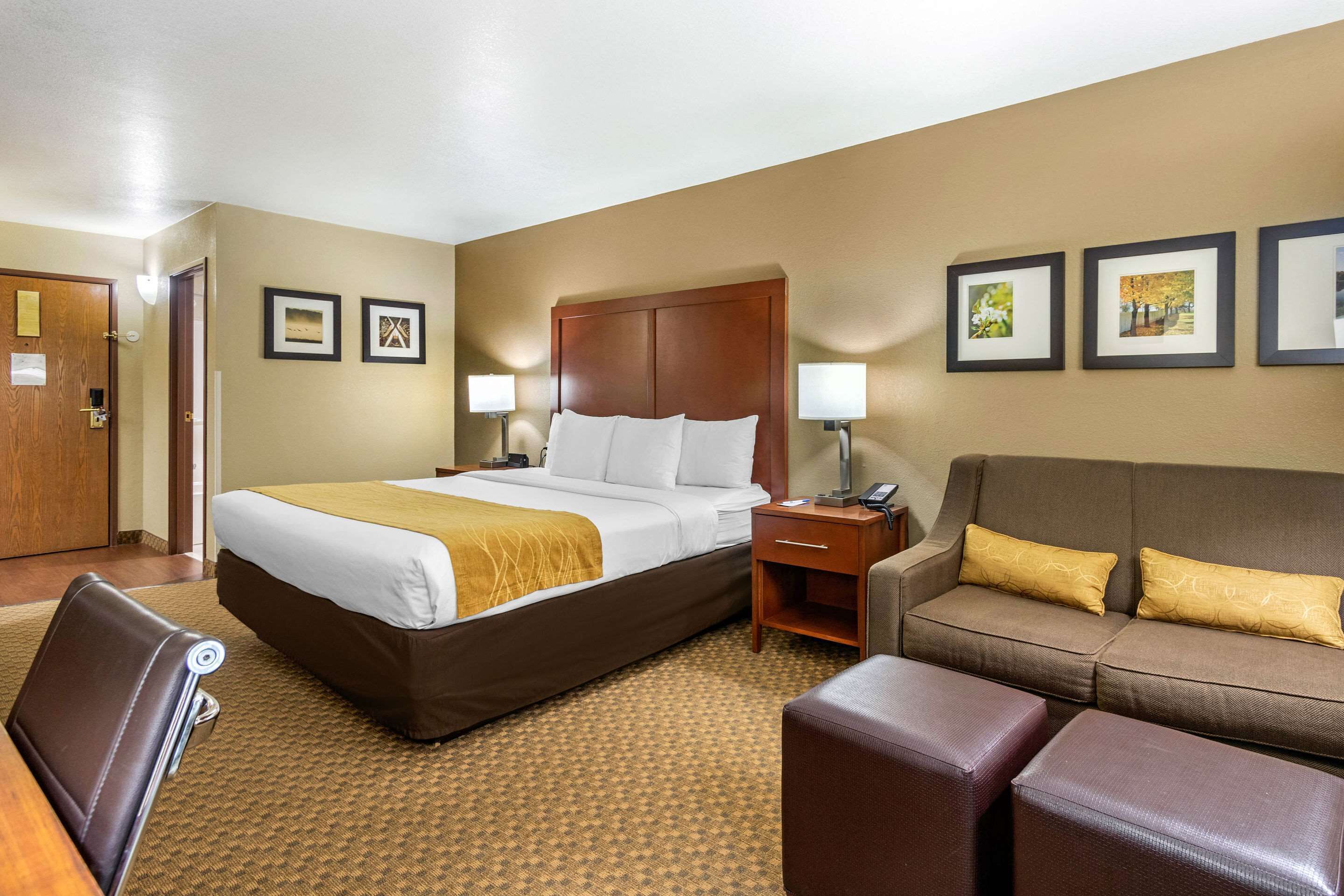 A hotel room with a large bed, a sofa, a desk, and a chair. There are framed pictures on the wall and a wooden door.