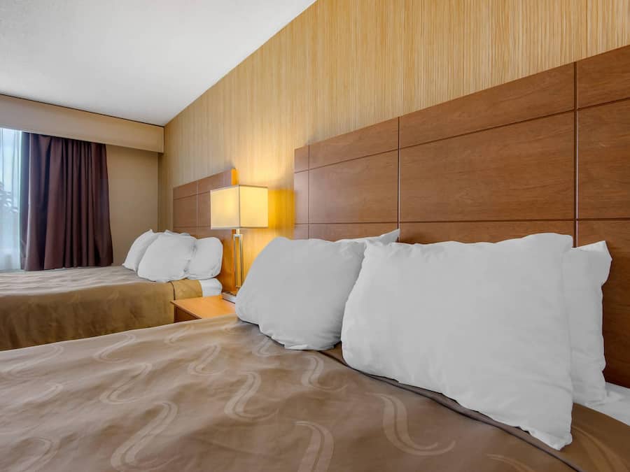 A hotel room with a large bed, a smaller bed, wooden headboard, a nightstand, a lamp, and a window with curtains.