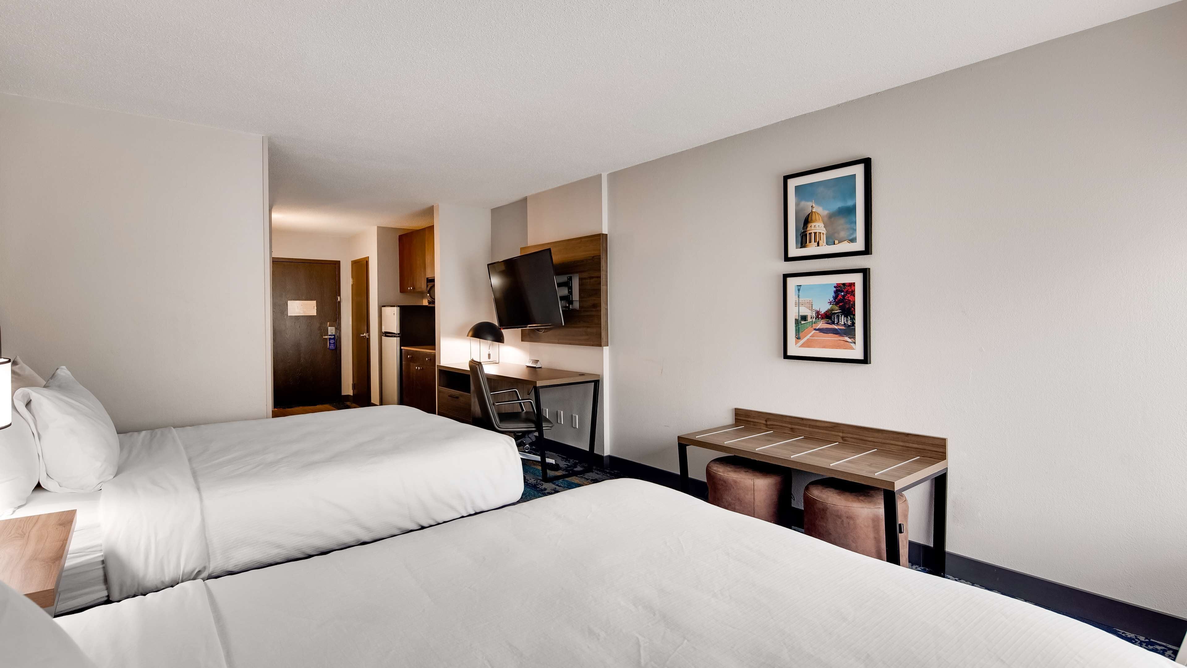 desk, laptop workspace, blackout curtains, iron/ironing board