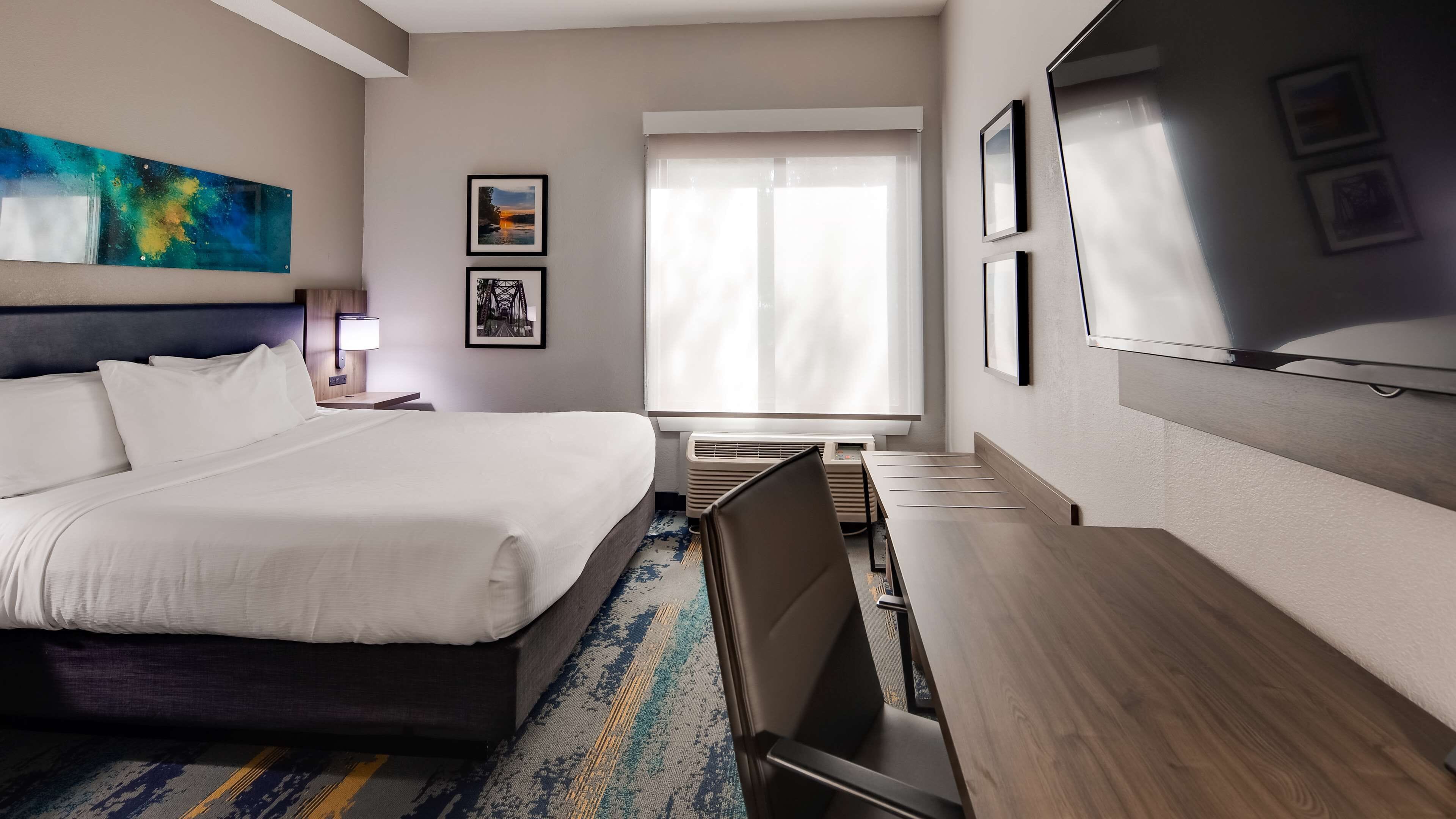 desk, laptop workspace, blackout curtains, iron/ironing board