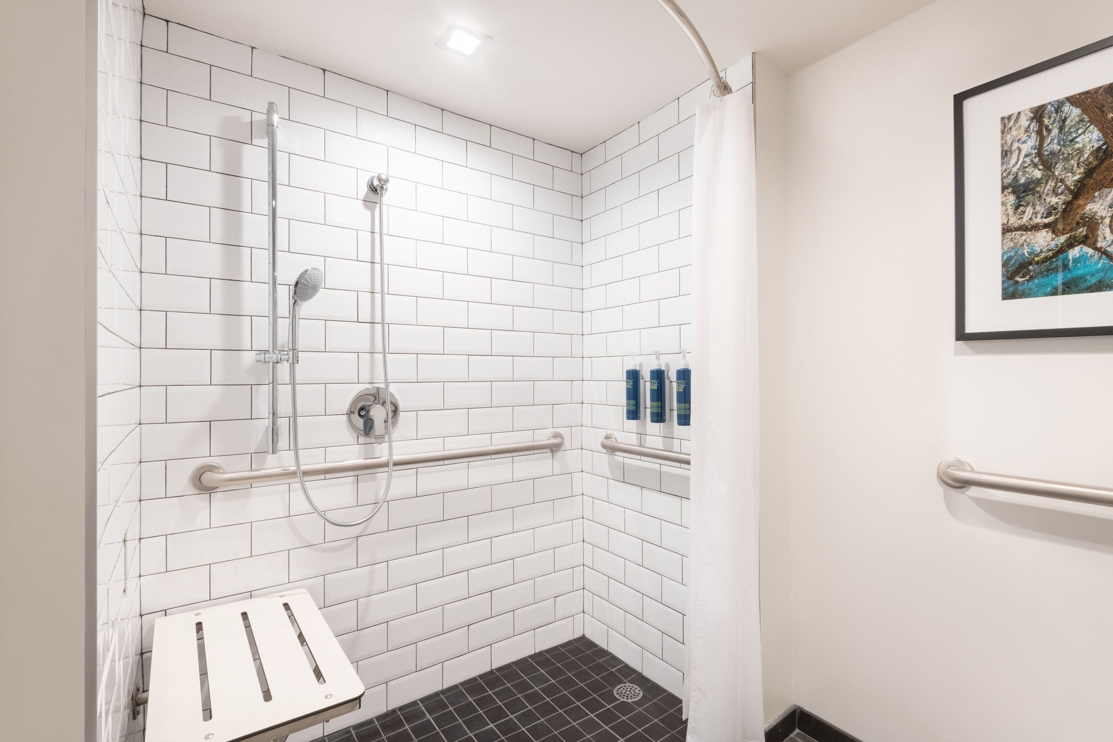 shower, hydromassage showerhead, free toiletries, hair dryer