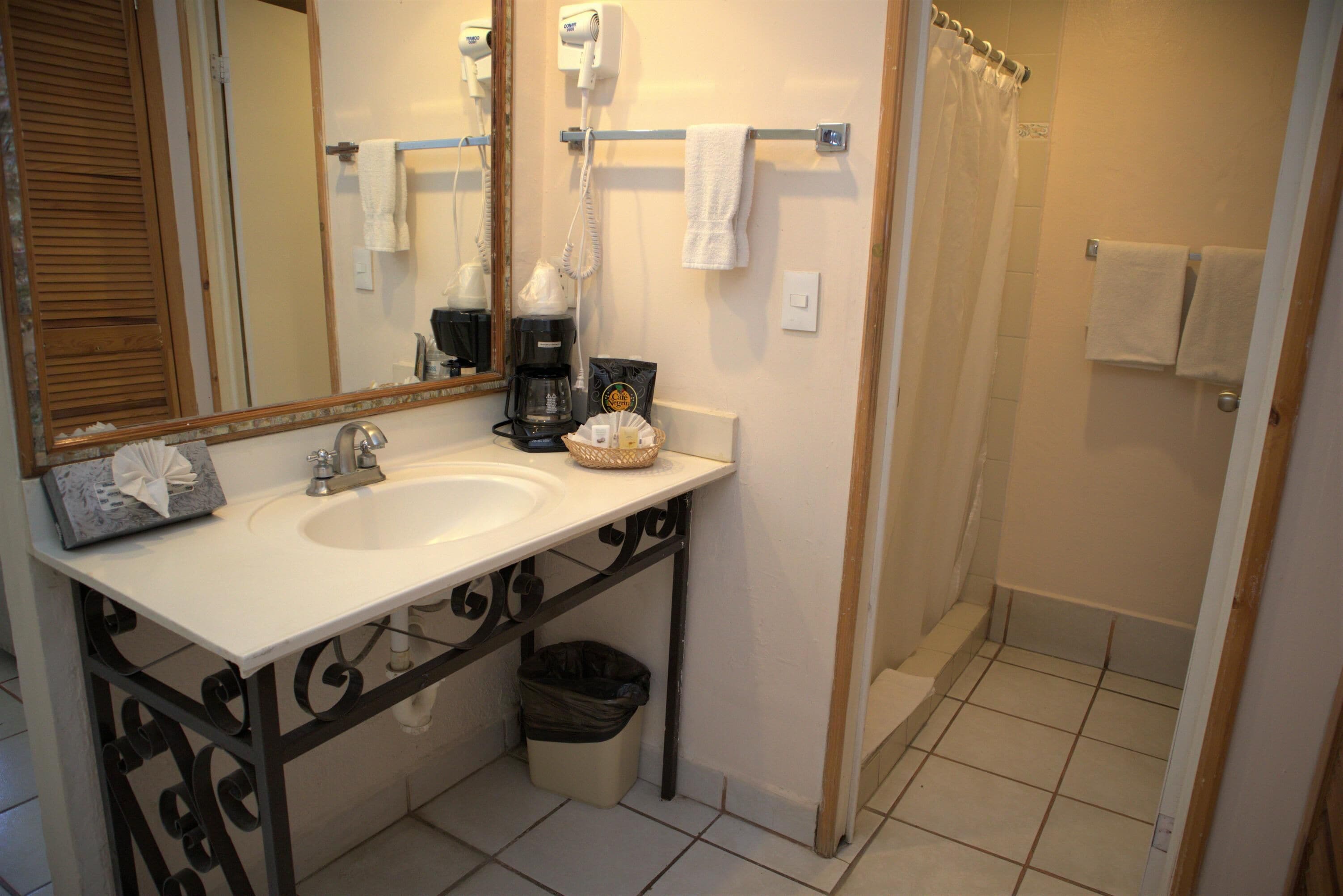 A bathroom with a sink, mirror, coffee maker, and a shower curtain.
