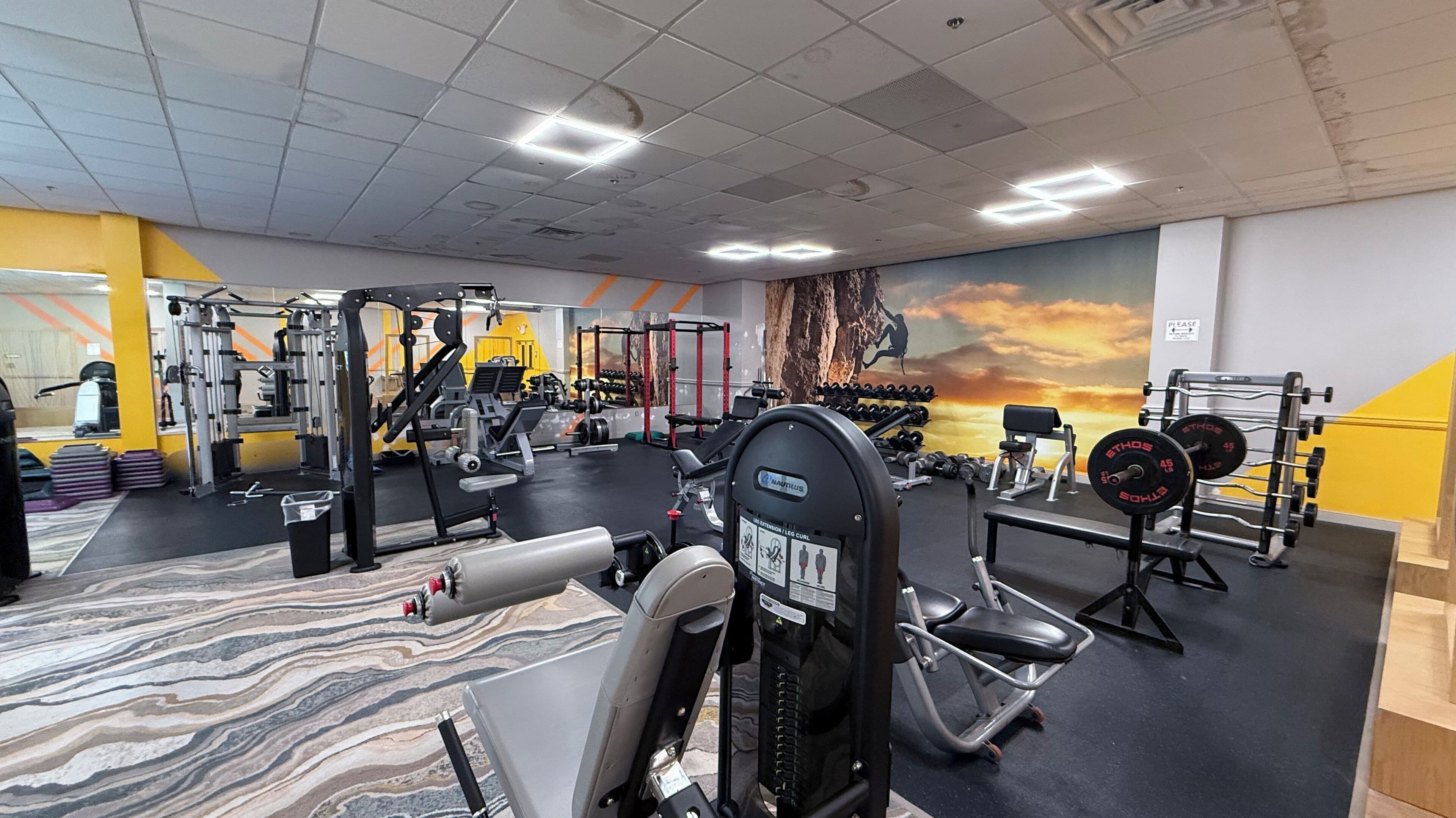 Ett gym med olika typer av träningsutrustning, en väggmålning och ett golv med marmorliknande mönster.