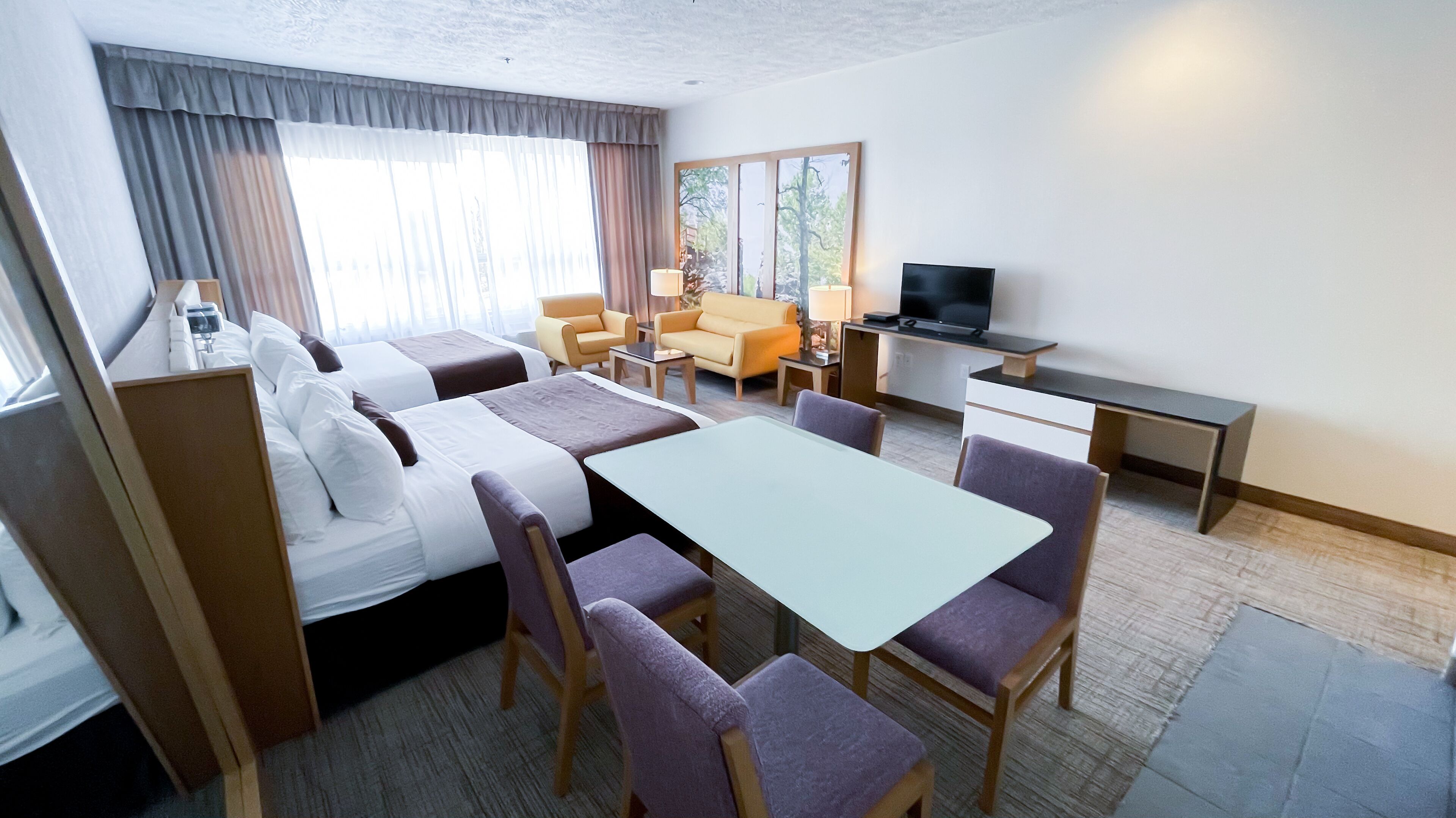 Ein Hotelzimmer mit einem Bett, zwei Sofas, einem Esstisch und einem Fernseher.
