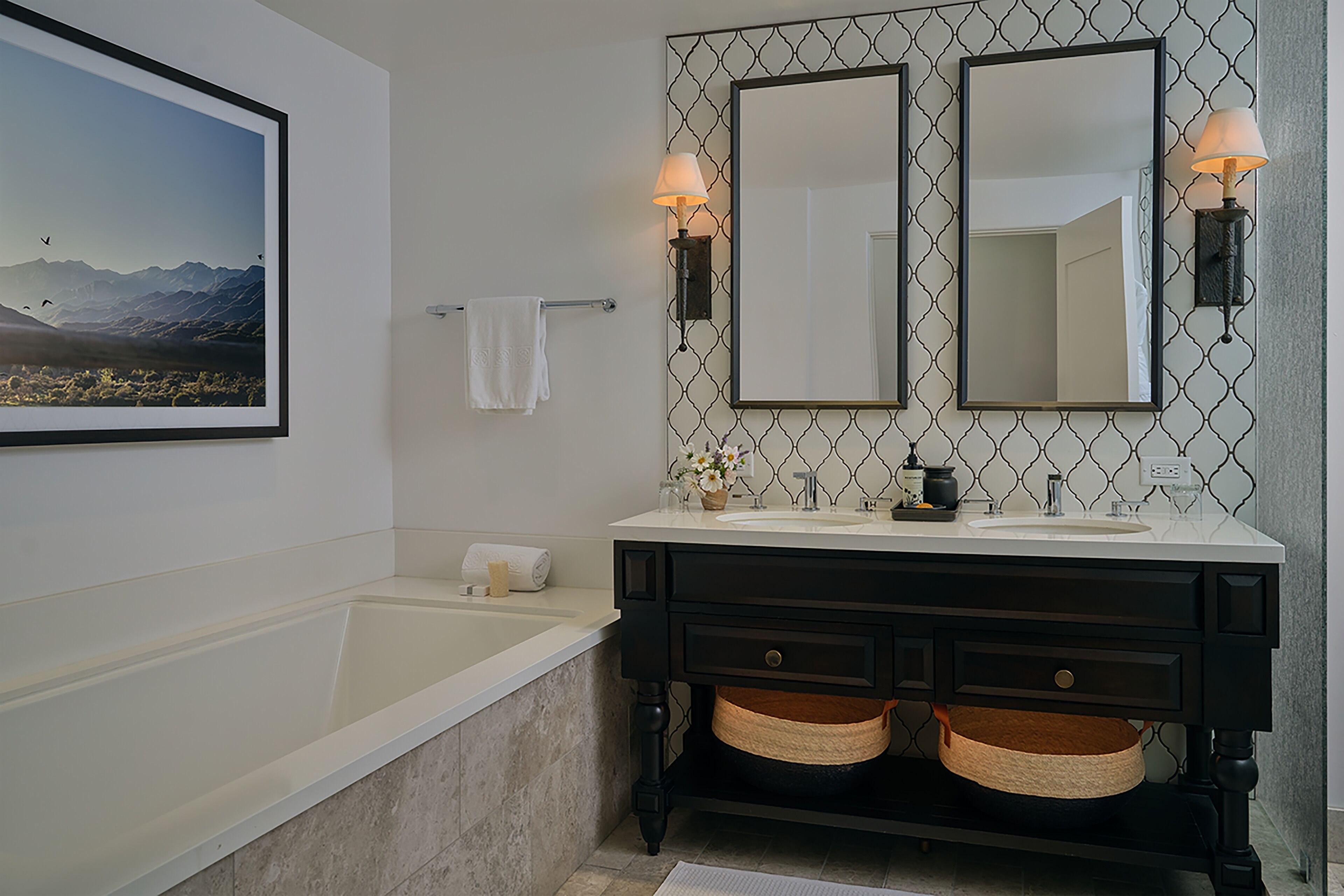 designer toiletries, hair dryer, bathrobes, slippers