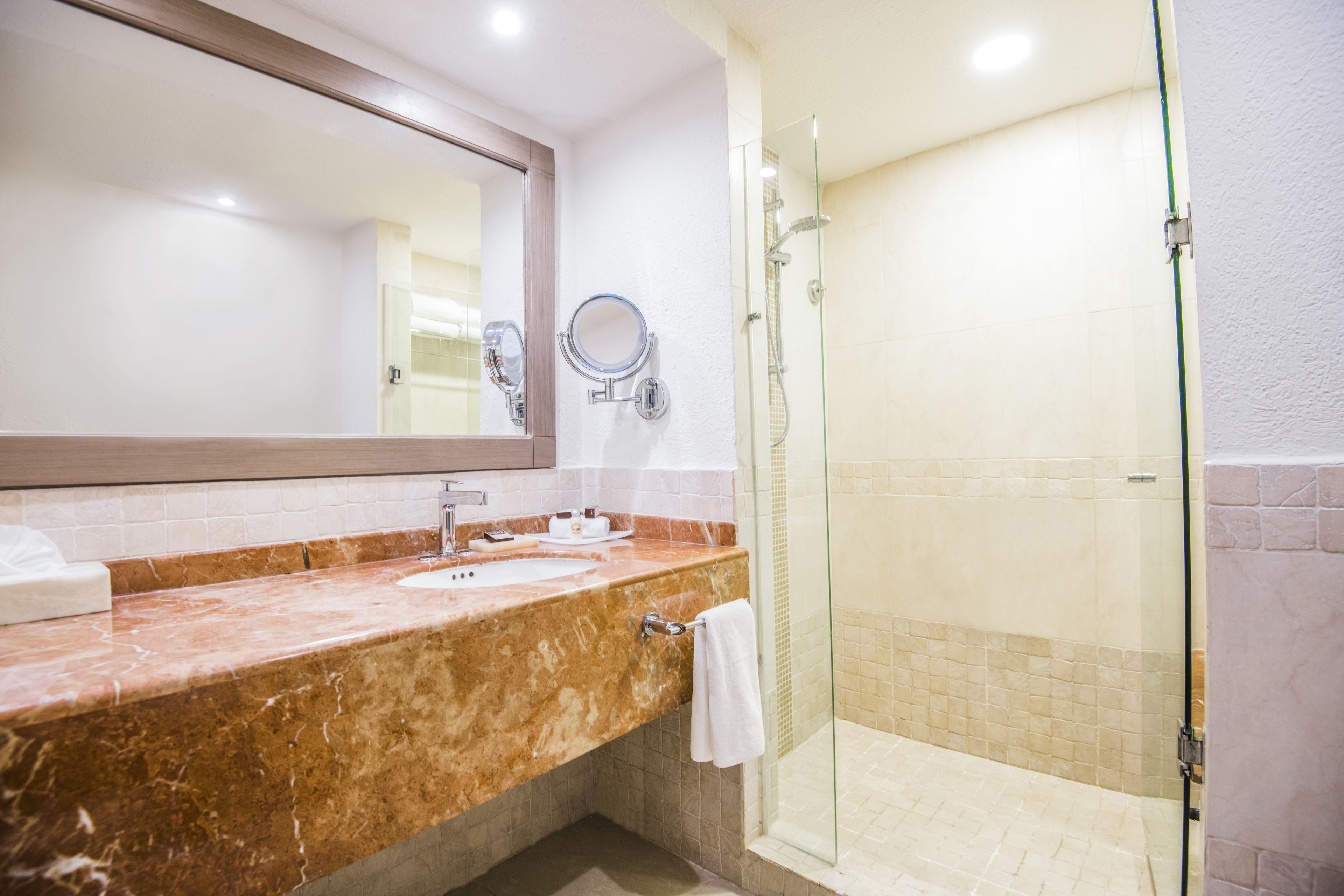 A bathroom with a marble countertop, a sink, a mirror, and a glass-enclosed shower.