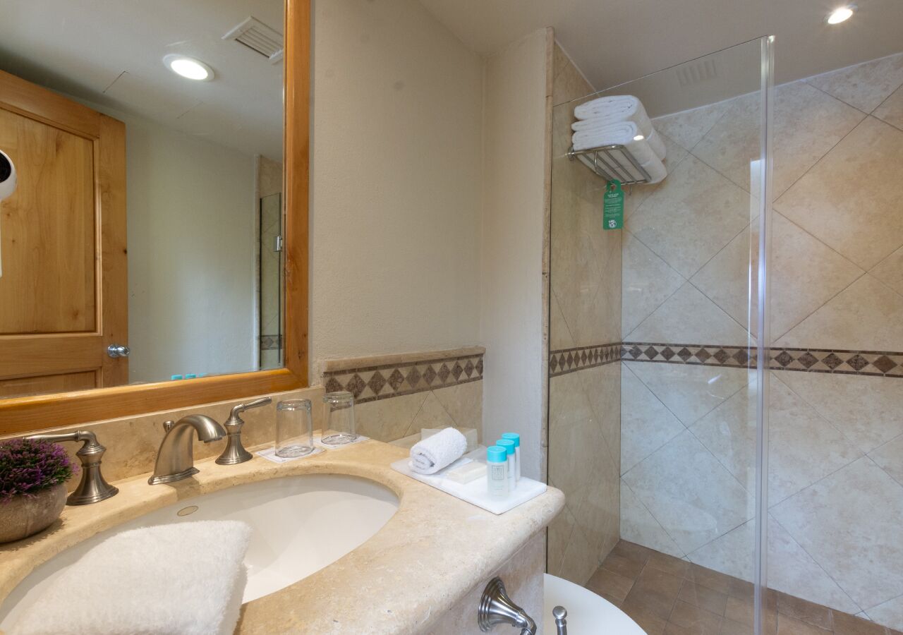 A bathroom with a sink, mirror, and shower area.