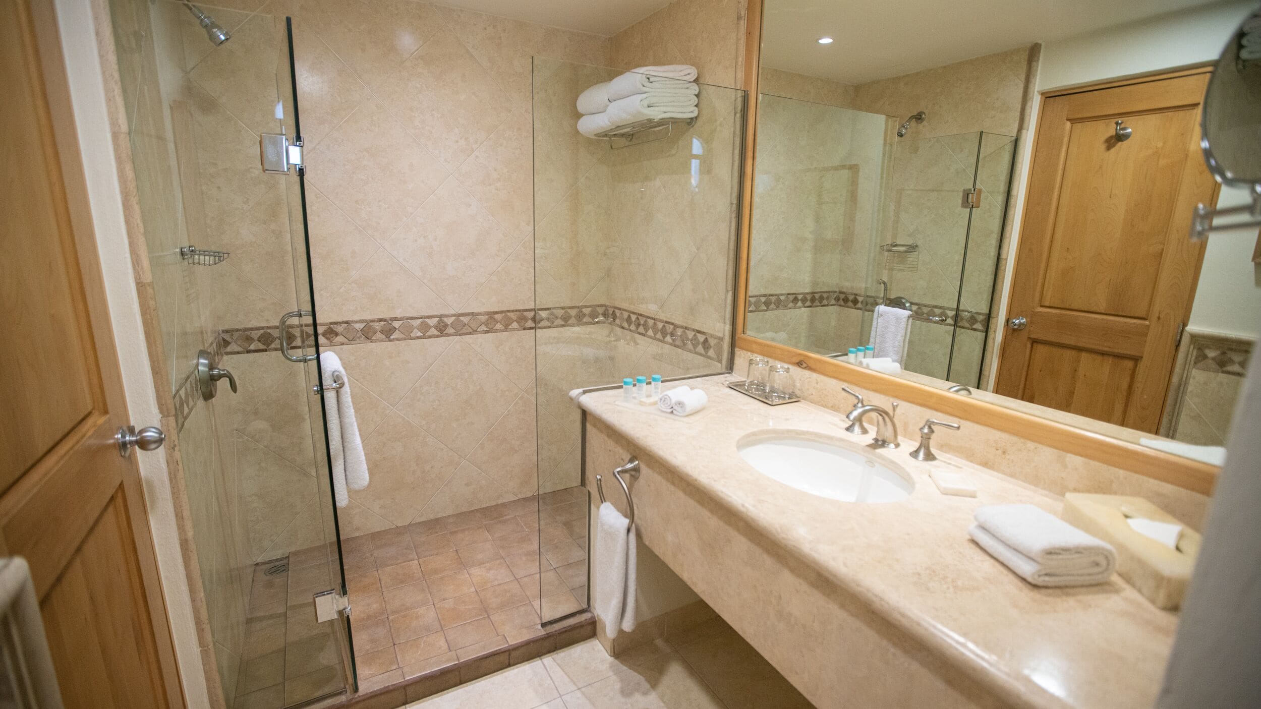 Une salle de bain avec une douche à parois de verre, un lavabo avec un miroir et une porte en bois.