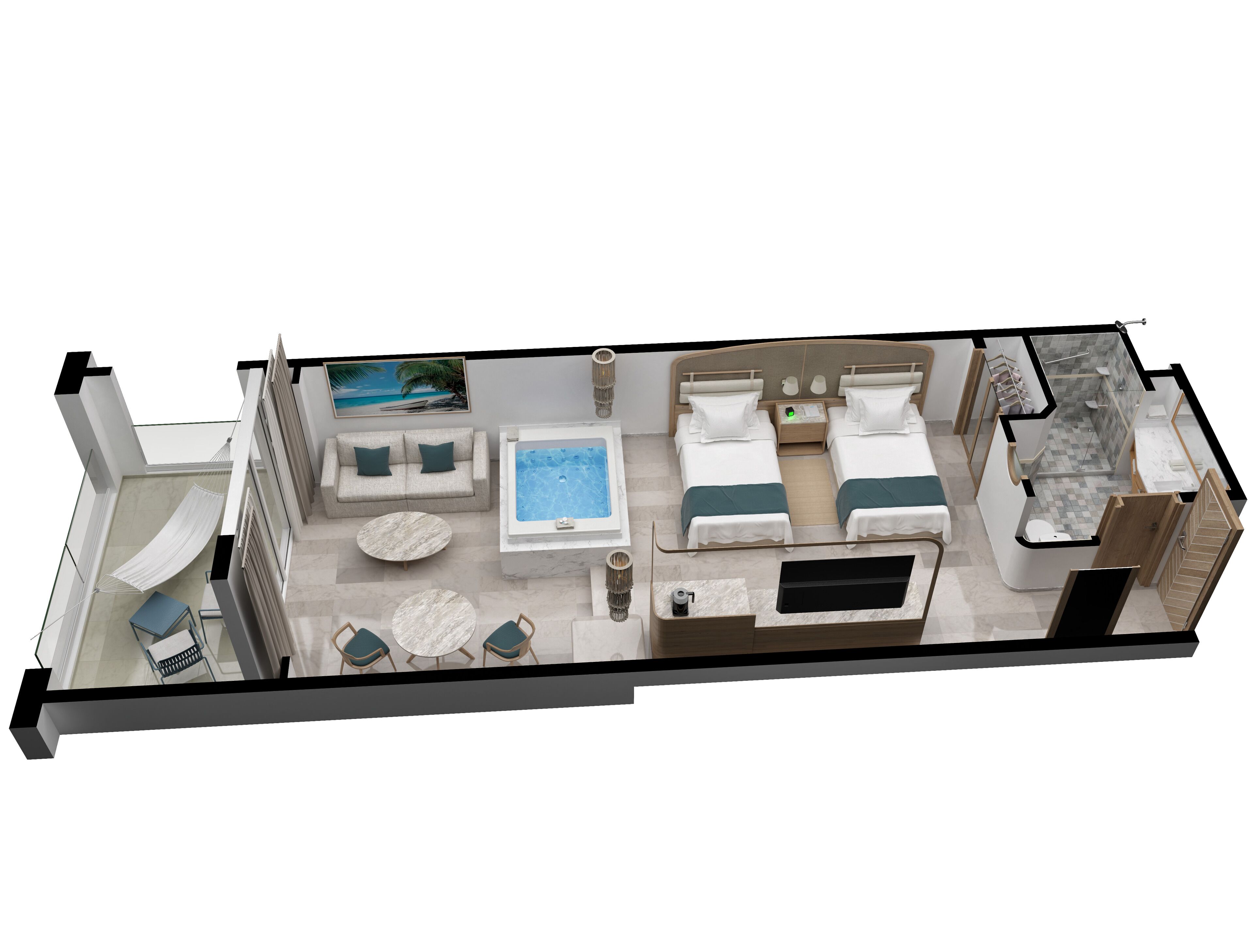 A 3D floor plan of a hotel room with a balcony, a seating area with two chairs, a sofa, a small round table, a large bathtub, two beds, a shower area, and a toilet.