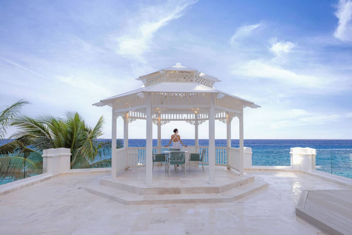 A gazebo with a view of the ocean, a palm tree, and a person standing at the center.