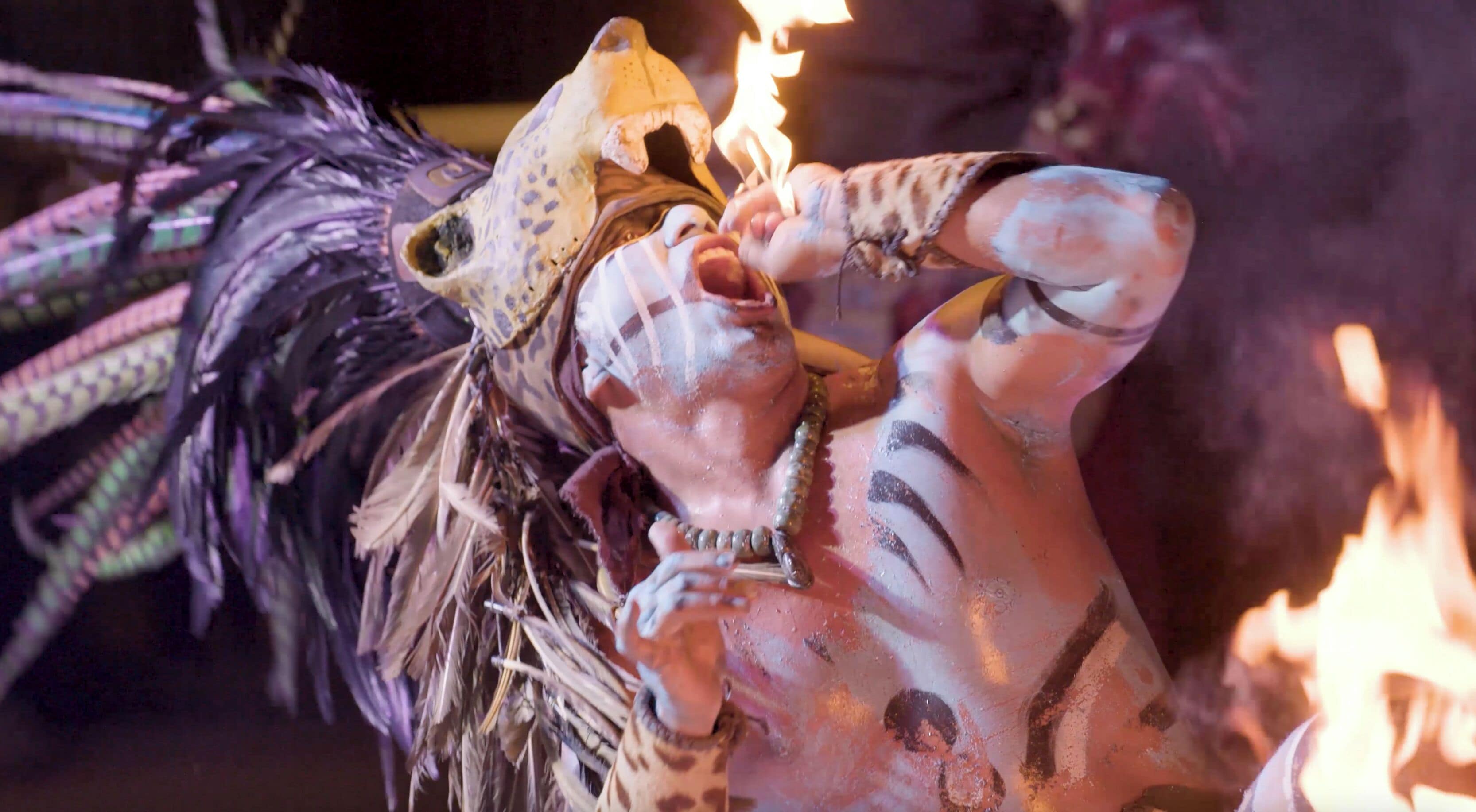 A person with a headdress and painted body in a ceremonial or performance setting.