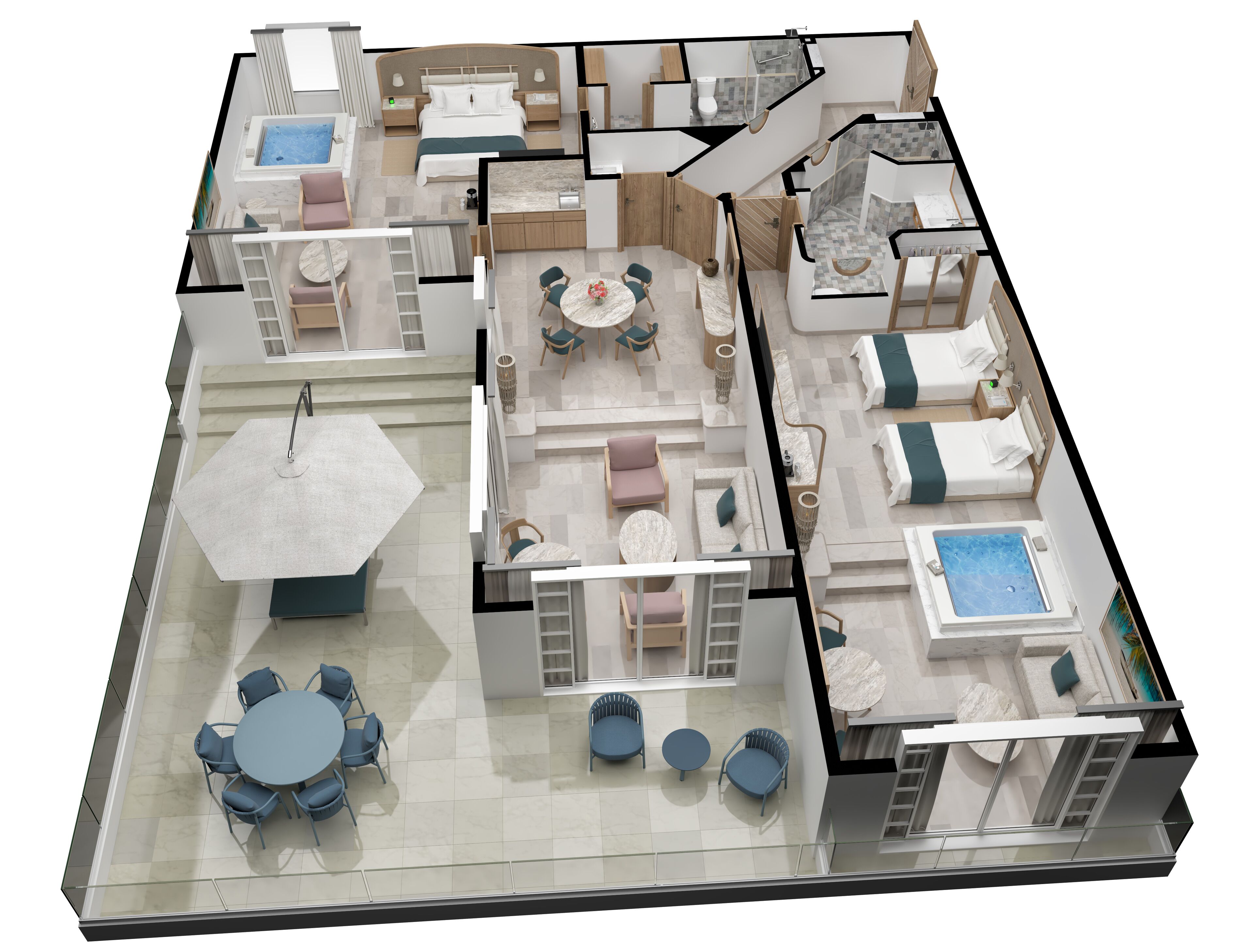 Un modelo 3D de una habitación de hotel con balcón, piscina, zona de comedor y dormitorio separado.