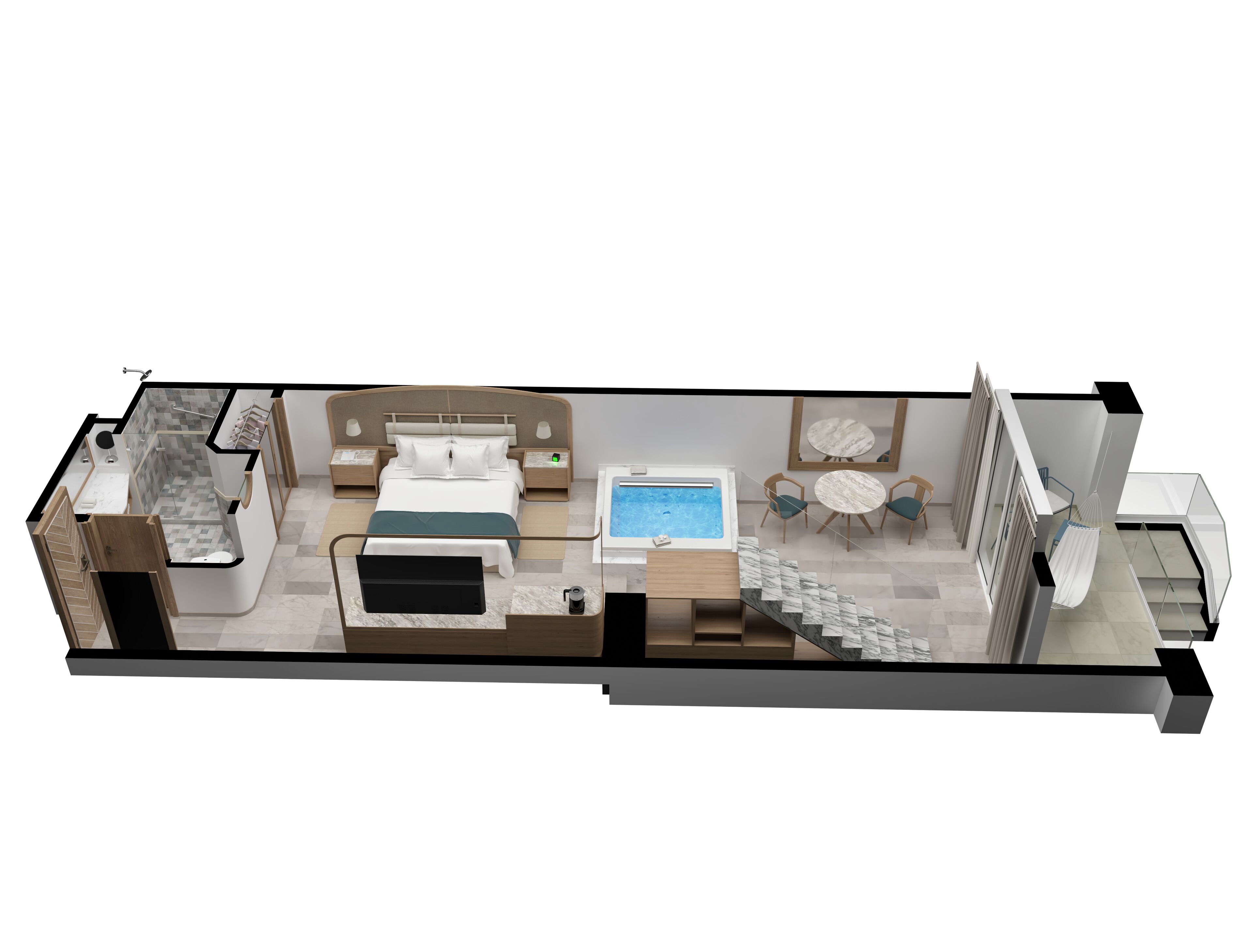 A modern hotel room with a bed, a bathroom, a seating area with a pool, and a staircase.