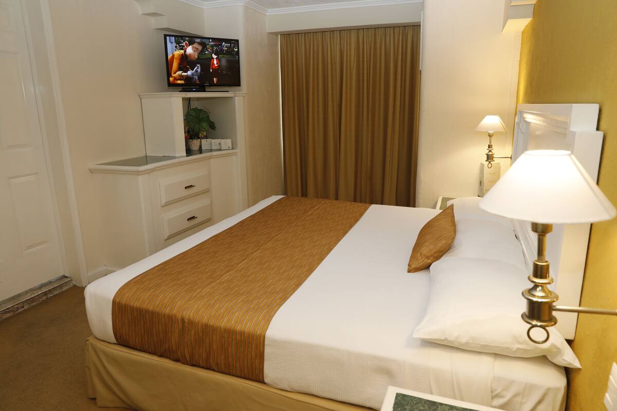 A hotel room with a bed, a television on a stand, a desk with a plant, and a lamp.