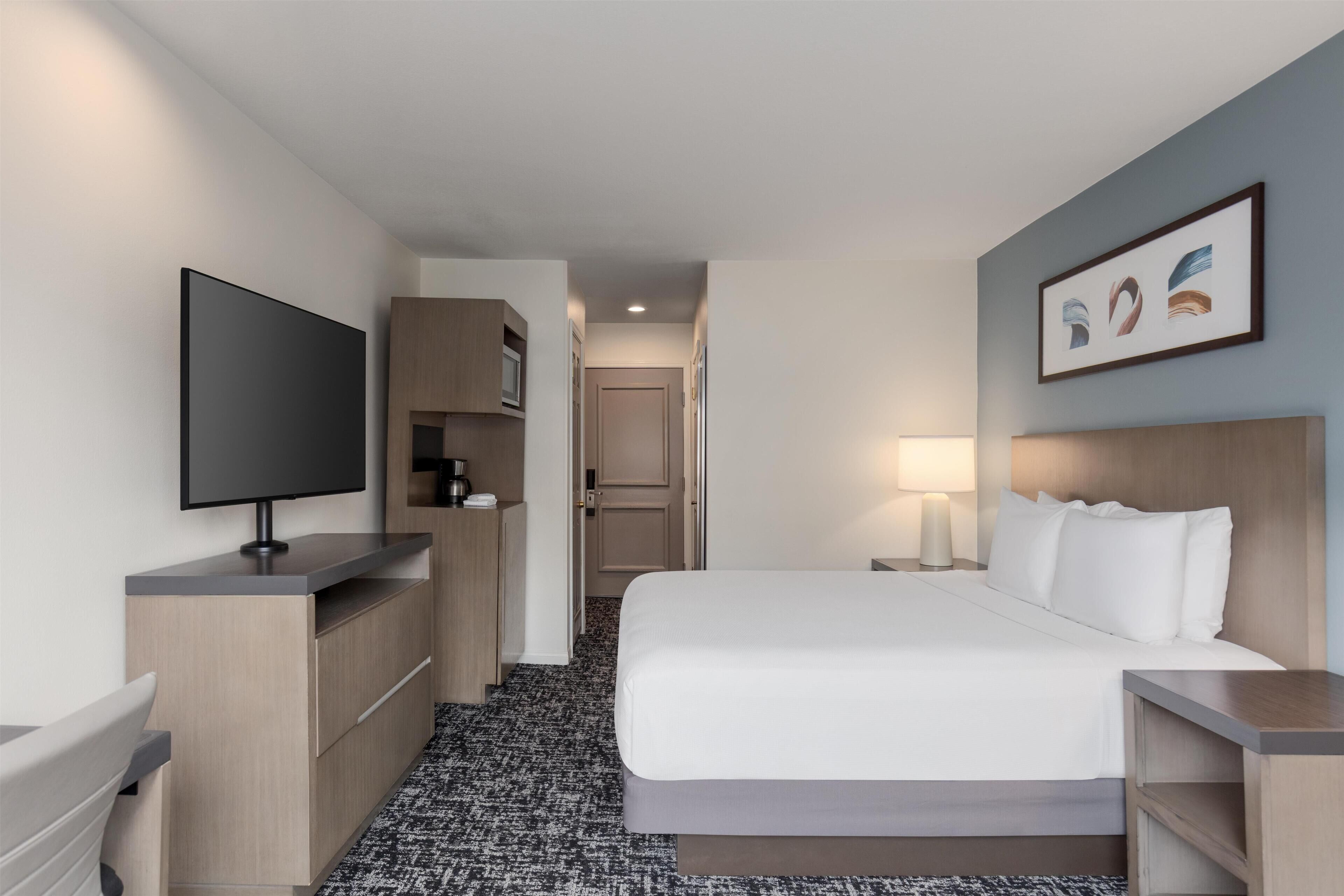 Habitación de hotel con cama, televisión, escritorio, armario y un cuadro en la pared.