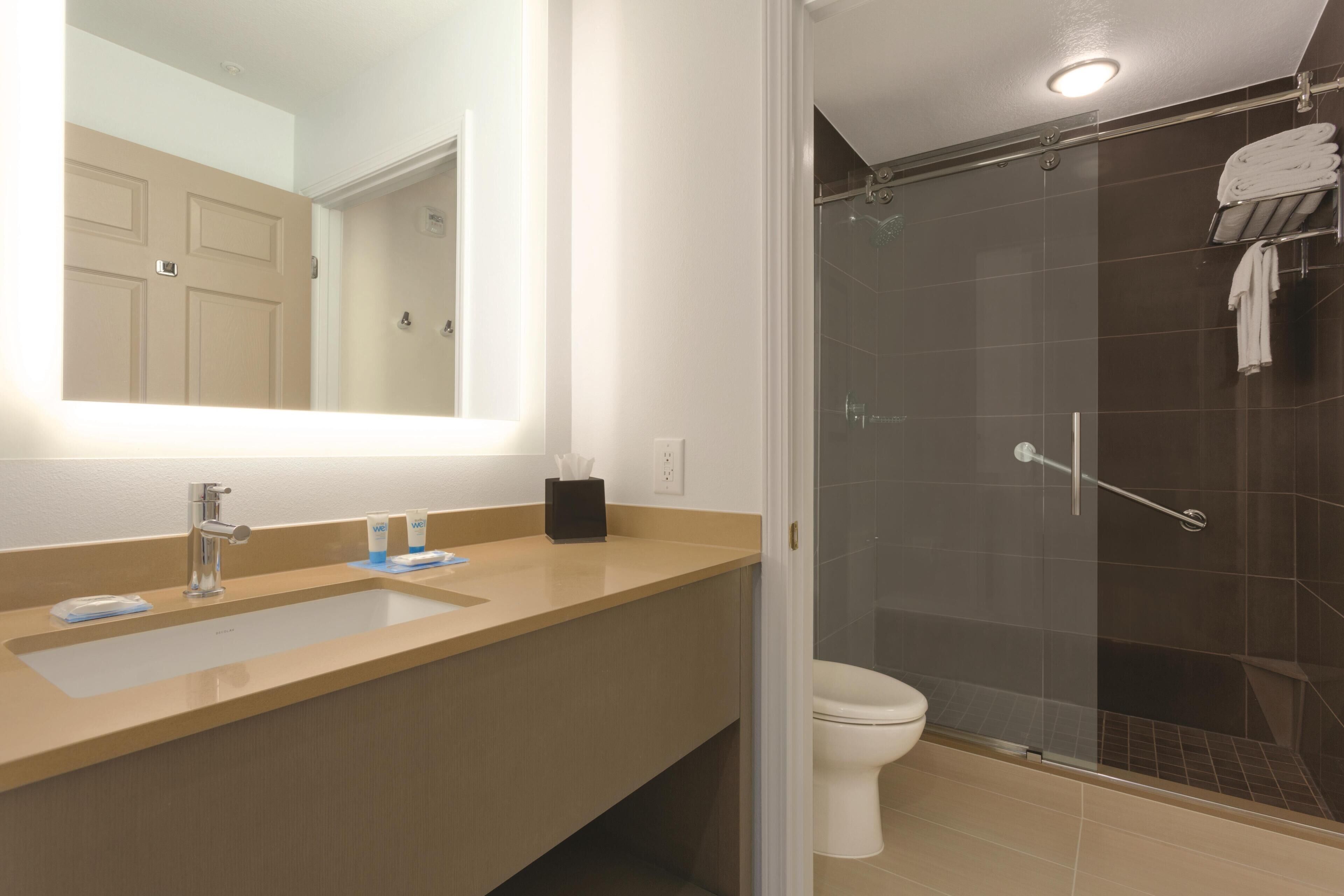 Une salle de bain avec un grand miroir, un lavabo et un espace douche.